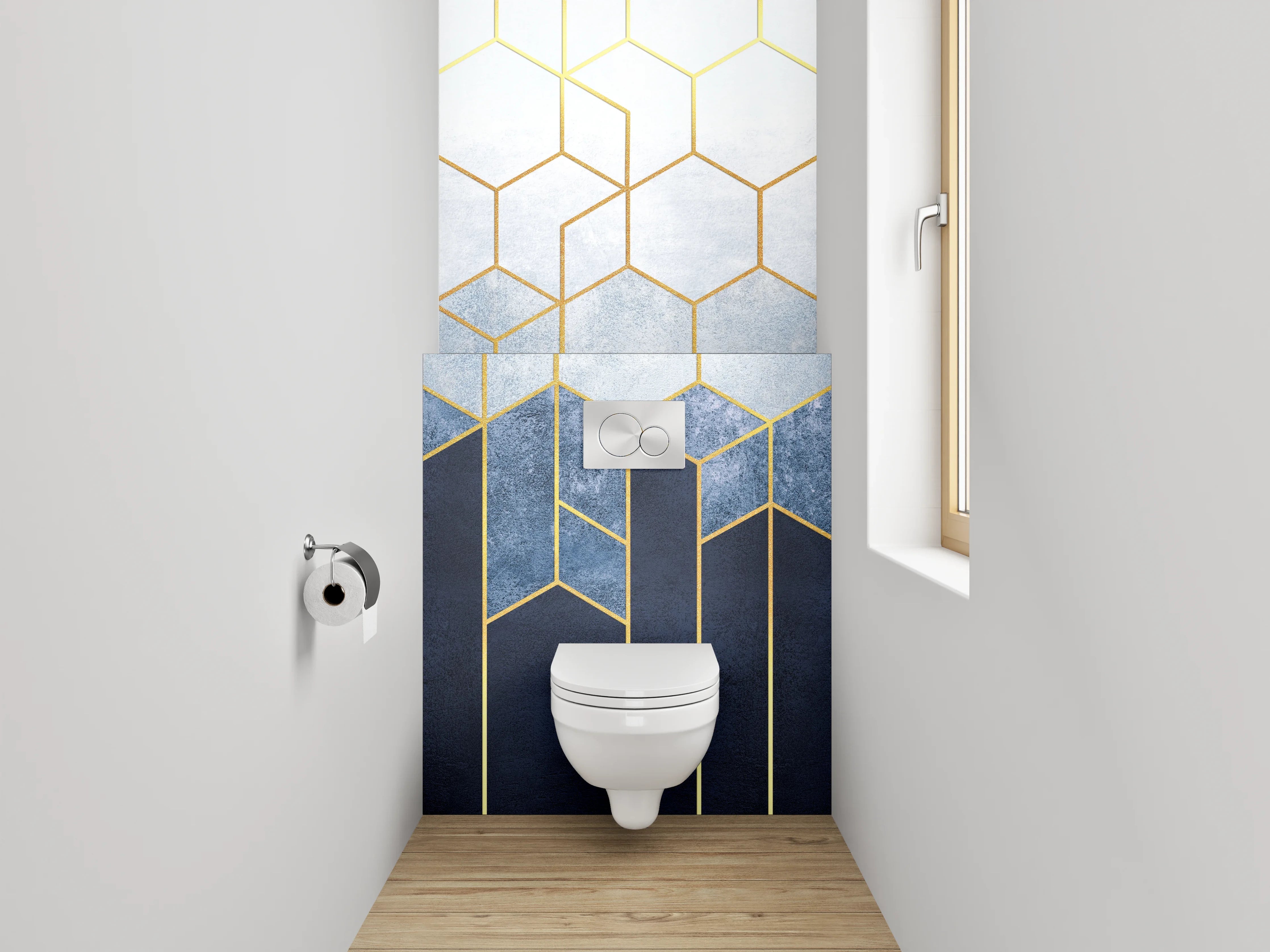 WC-Rückwand - Goldene geometrische Kunst auf Blau-Weiß
