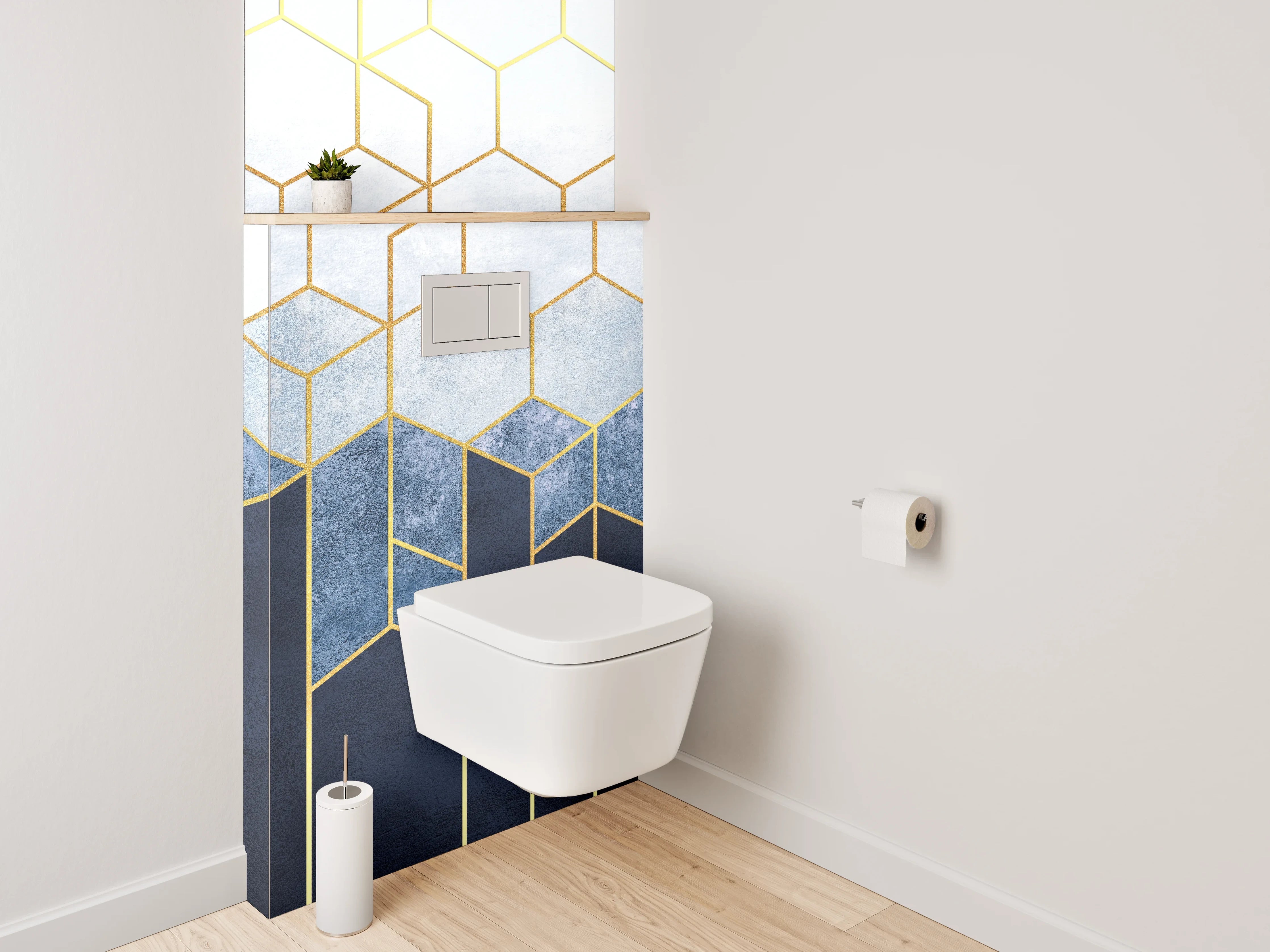 WC-Rückwand - Goldene geometrische Kunst auf Blau-Weiß