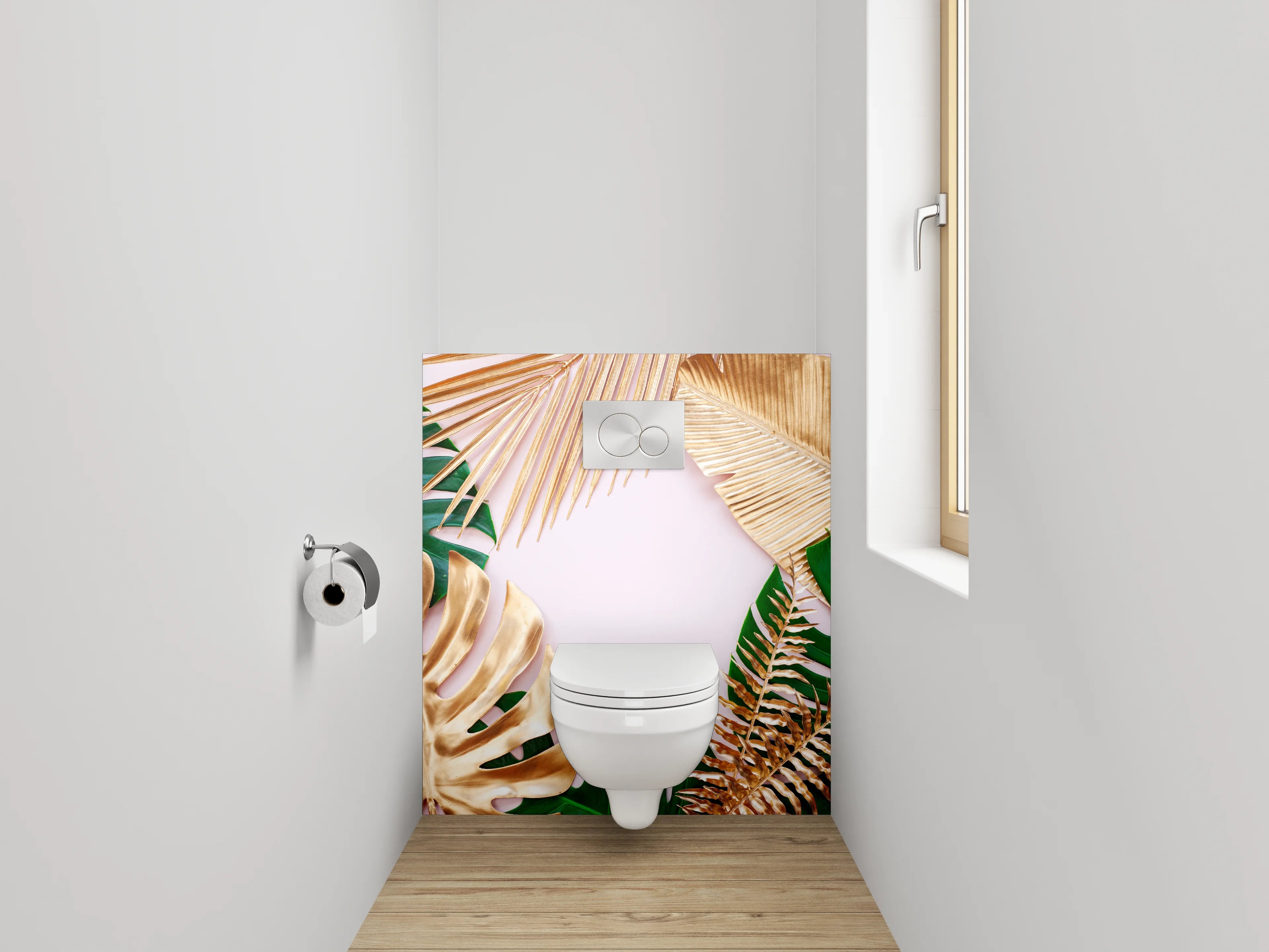 WC-Rückwand - Goldene und grüne tropische Blätter