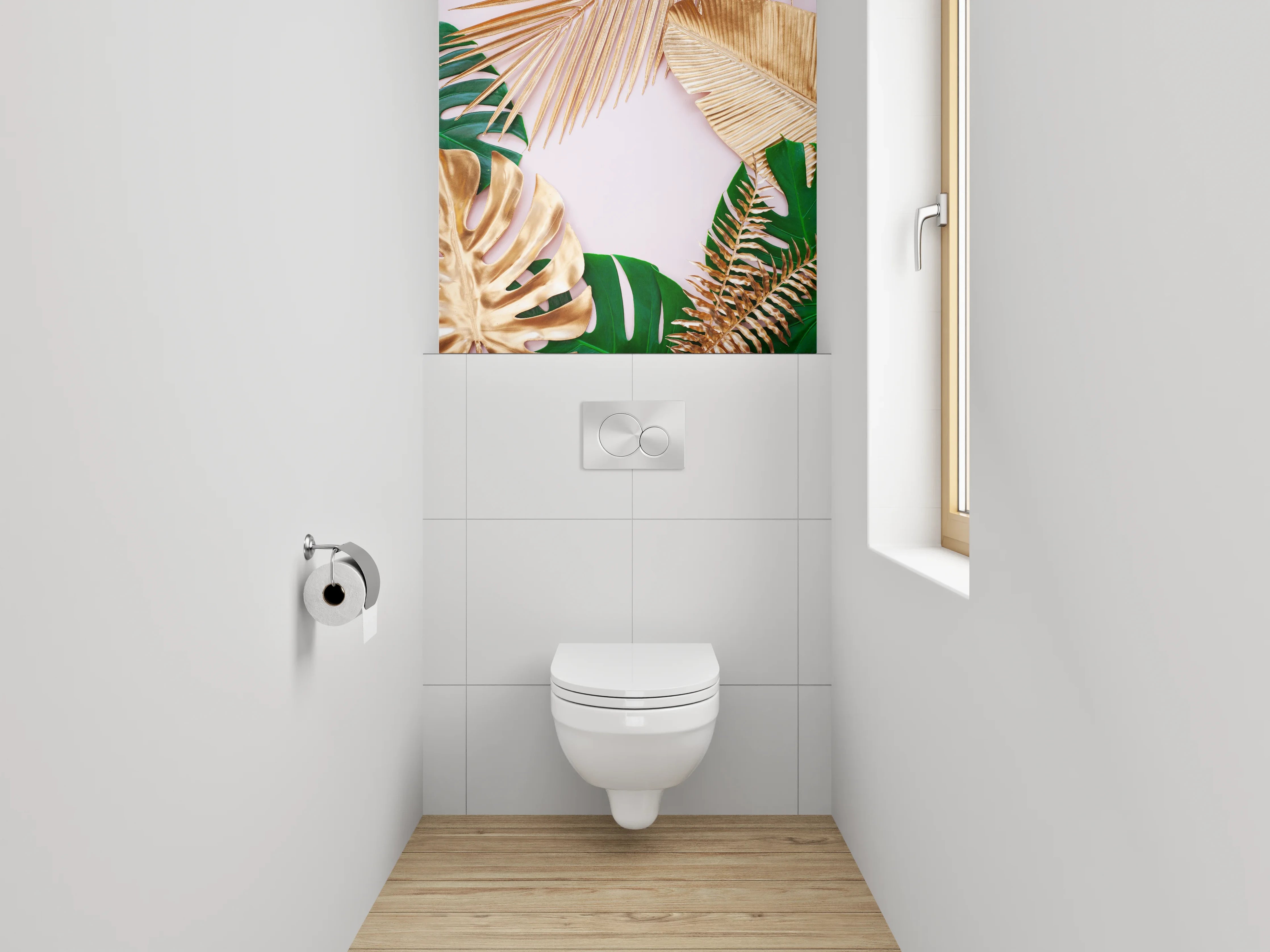 WC-Rückwand - Goldene und grüne tropische Blätter