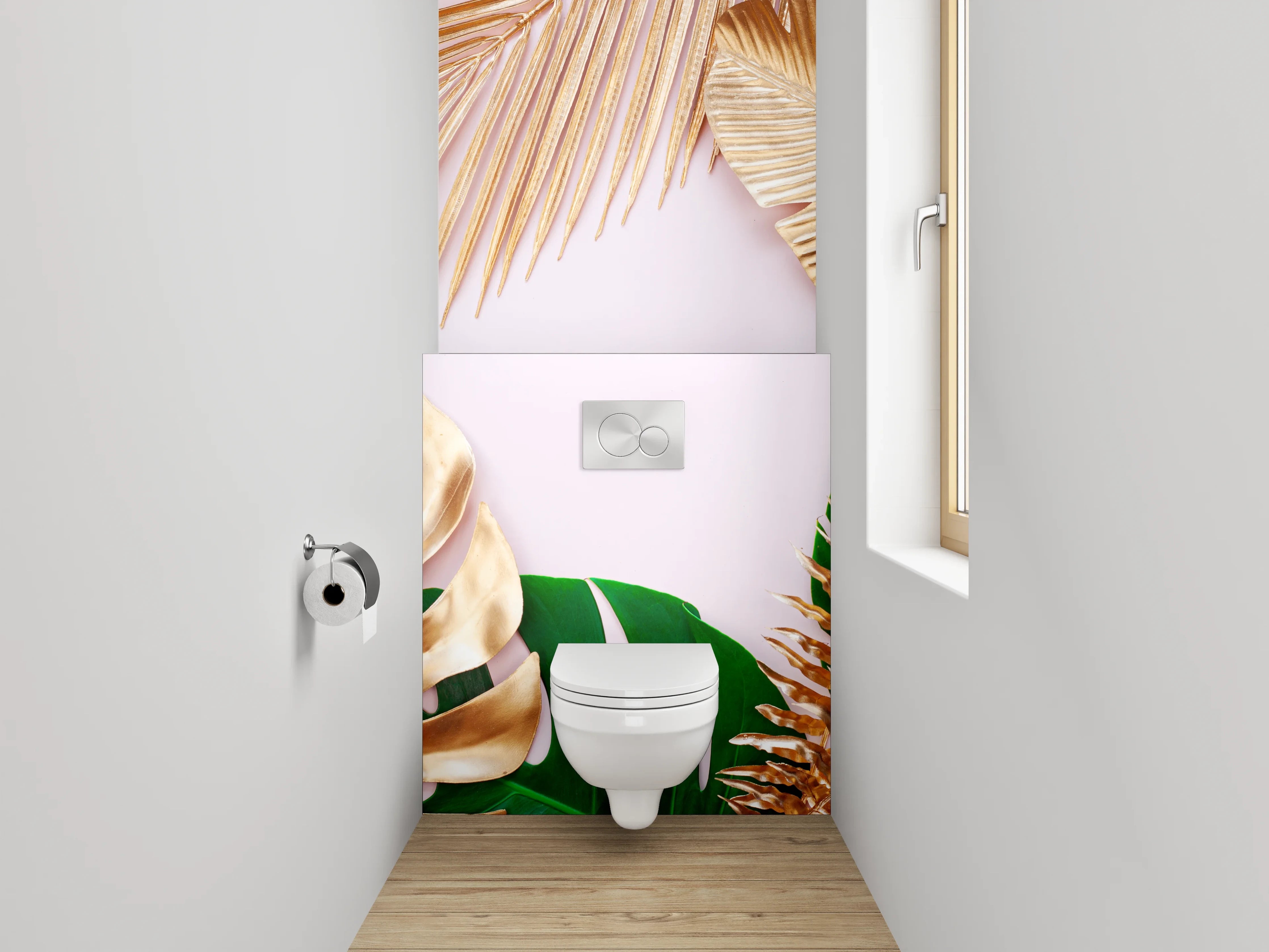 WC-Rückwand - Goldene und grüne tropische Blätter