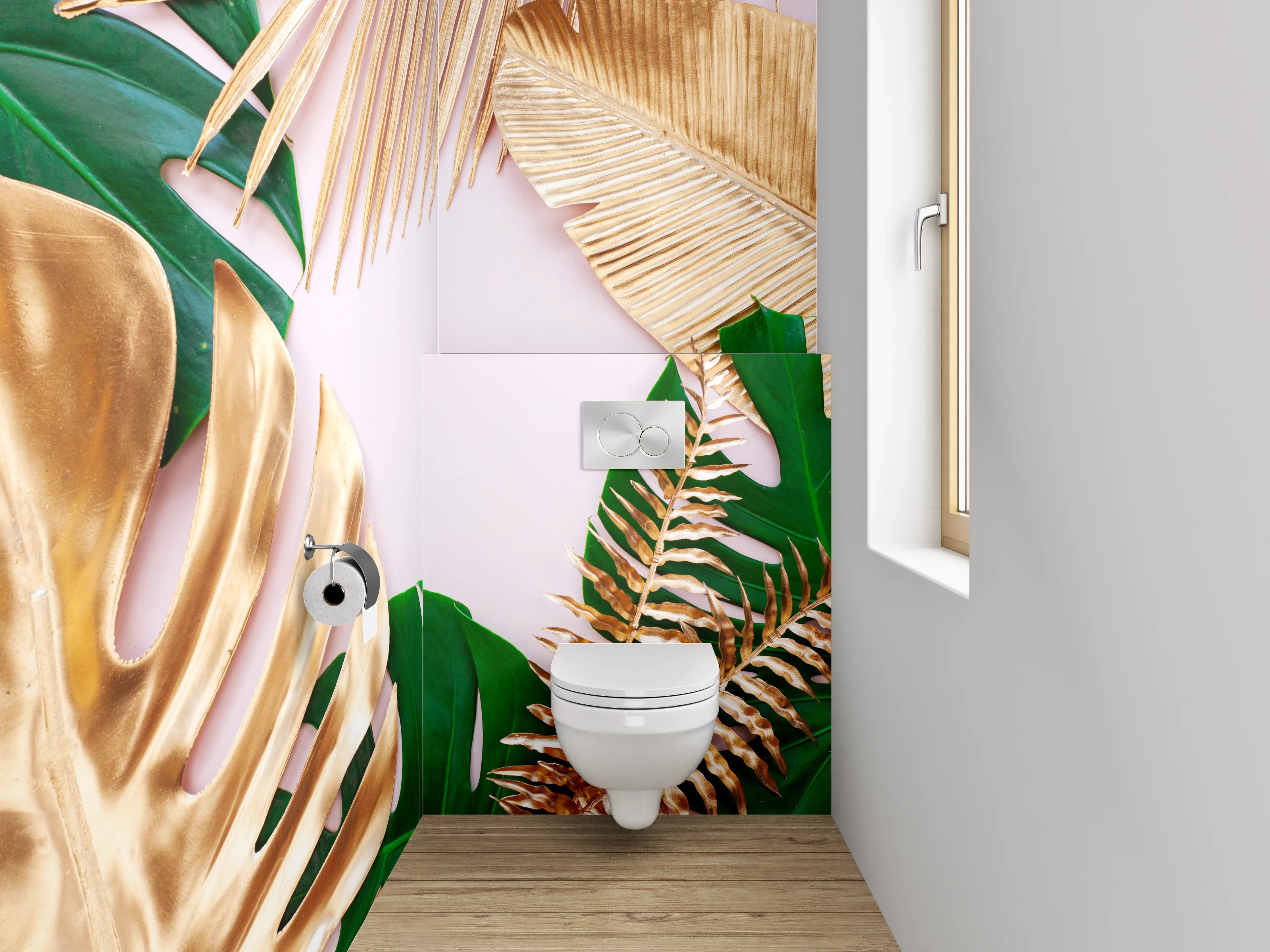 WC-Rückwand - Goldene und grüne tropische Blätter