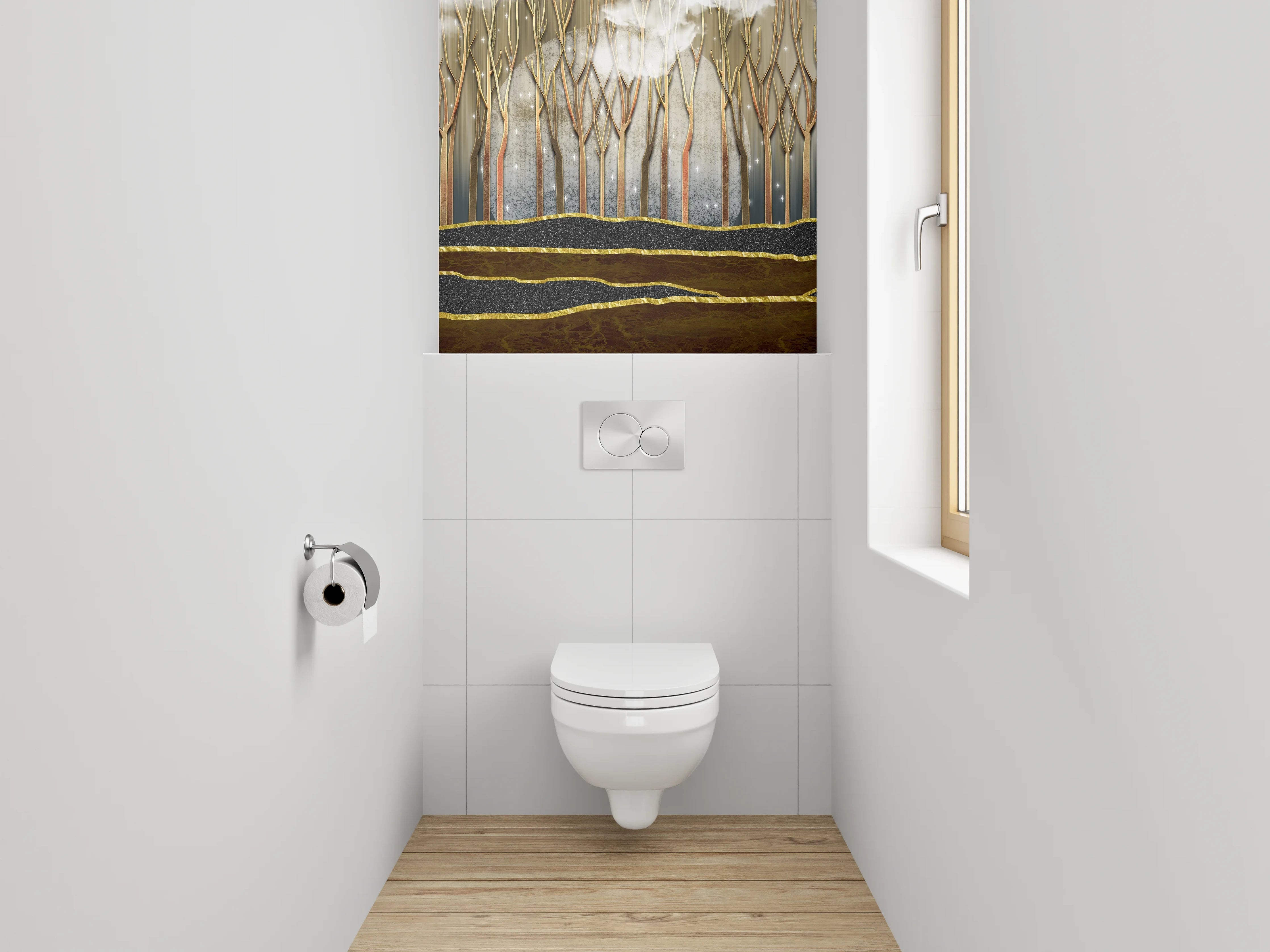 WC-Rückwand - Goldener Nebelwald – Modernes Abstract-Design