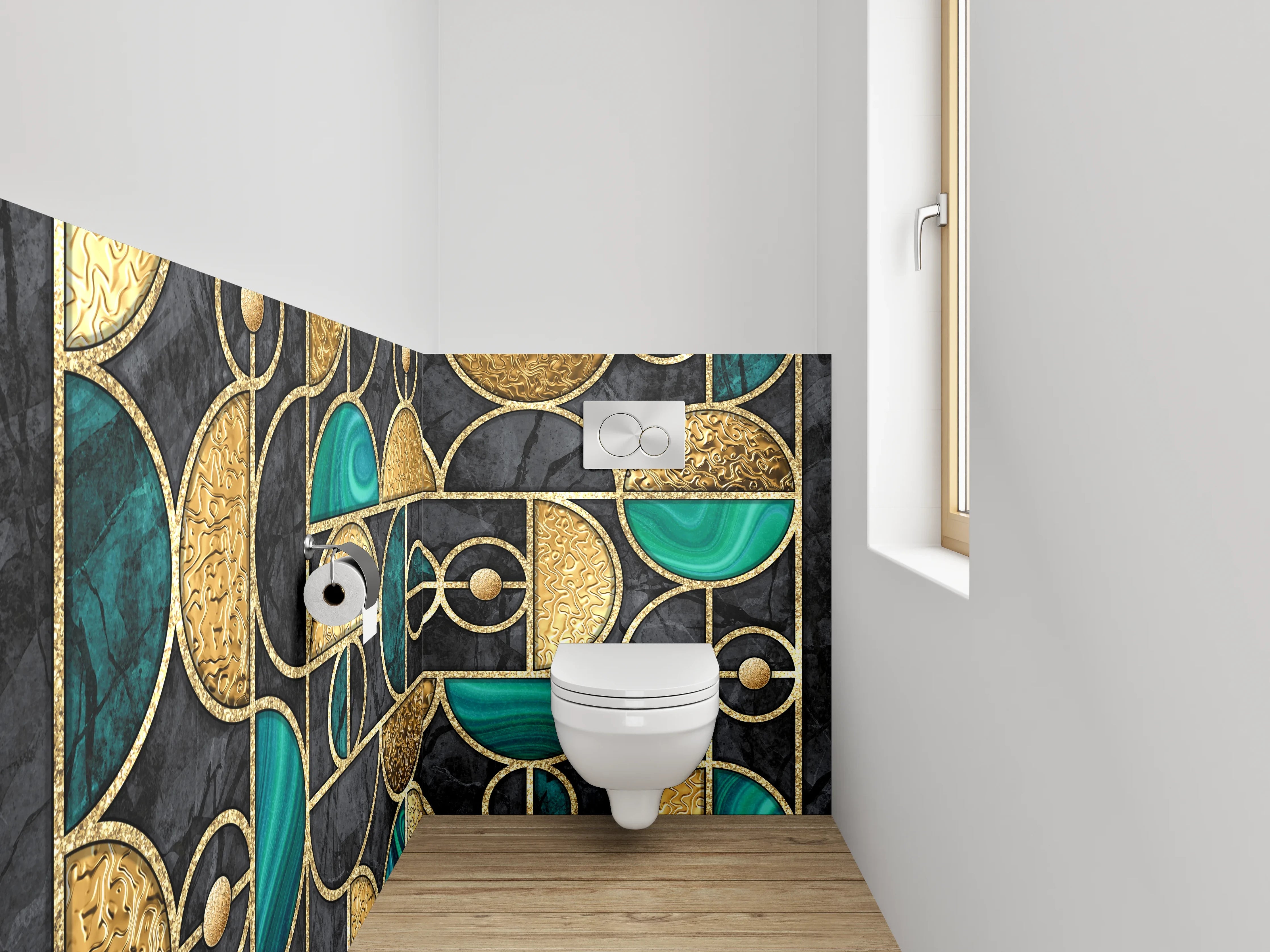 WC-Rückwand - Goldgrün Geometrie Art Deco Marmor