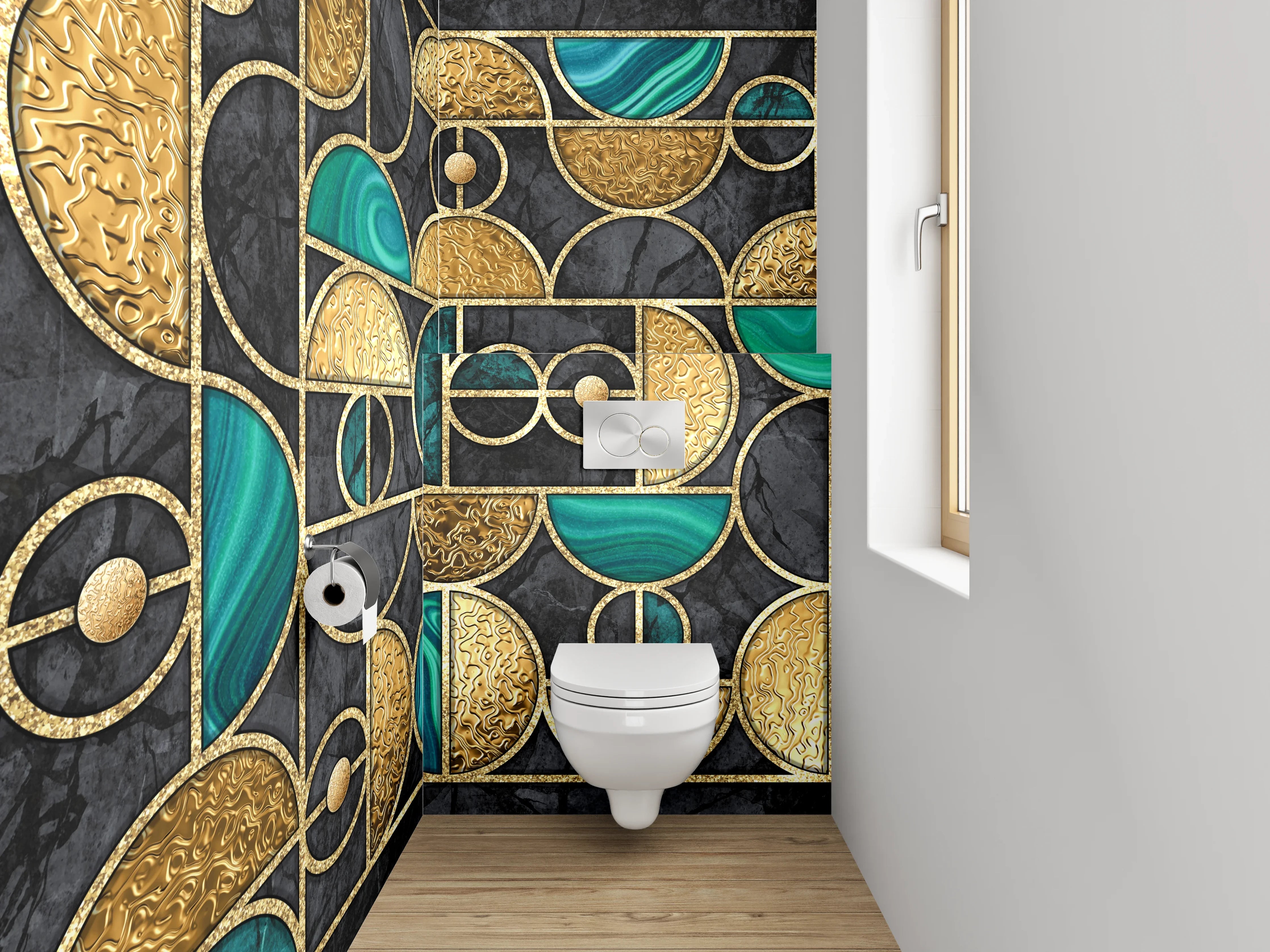 WC-Rückwand - Goldgrün Geometrie Art Deco Marmor
