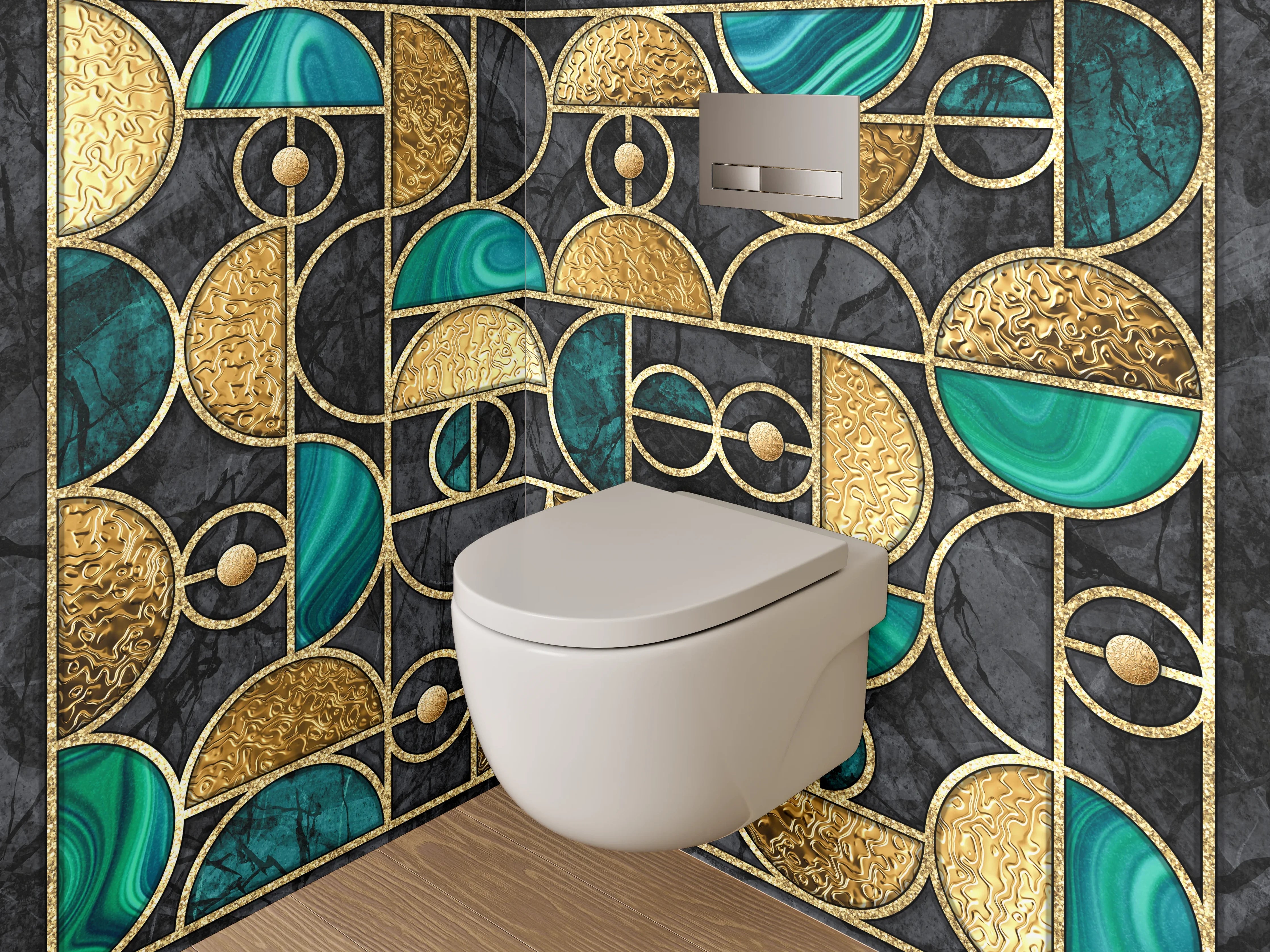 WC-Rückwand - Goldgrün Geometrie Art Deco Marmor