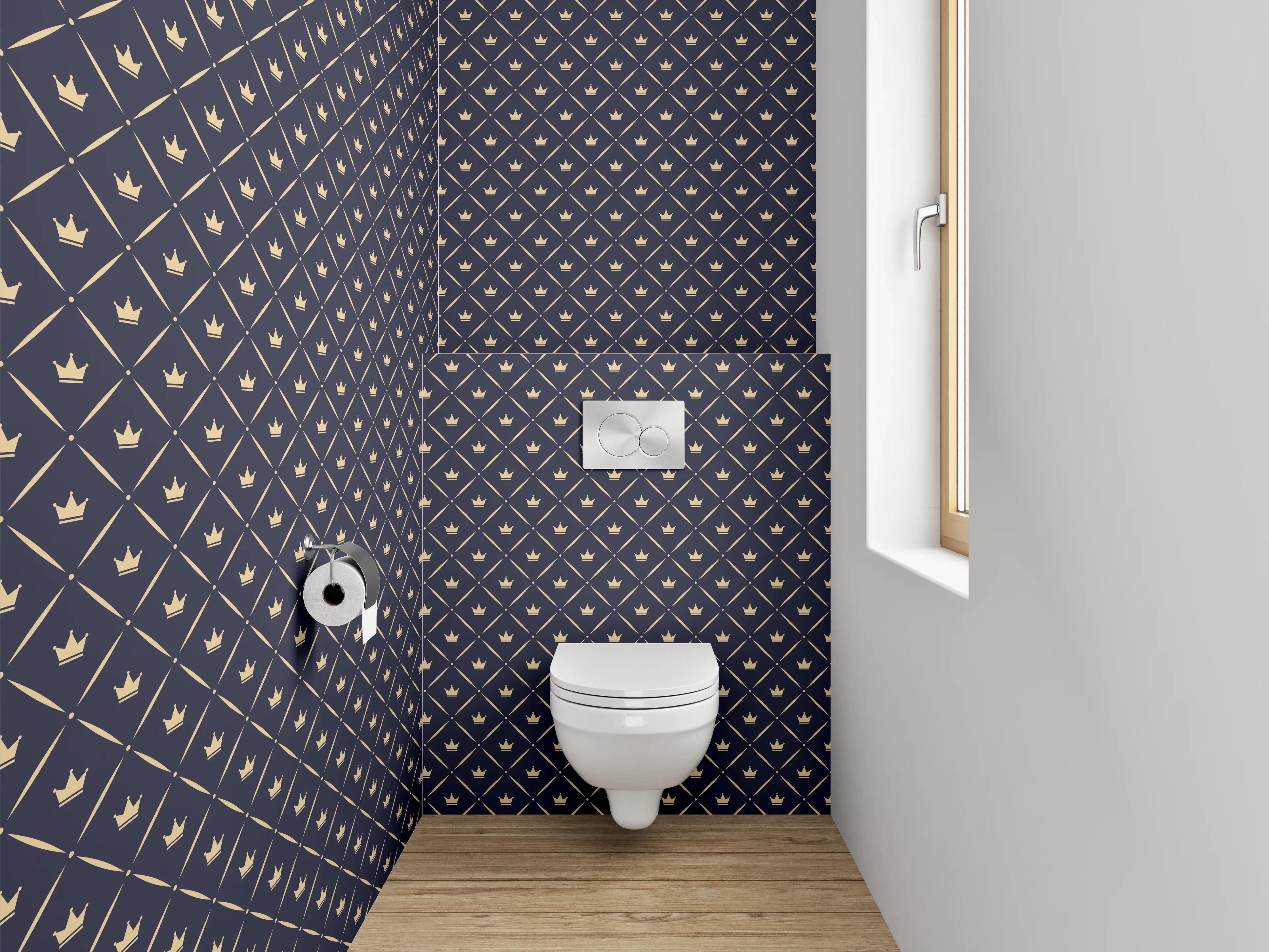 WC-Rückwand - Grafisches Kronen-Diamant-Muster navy gold