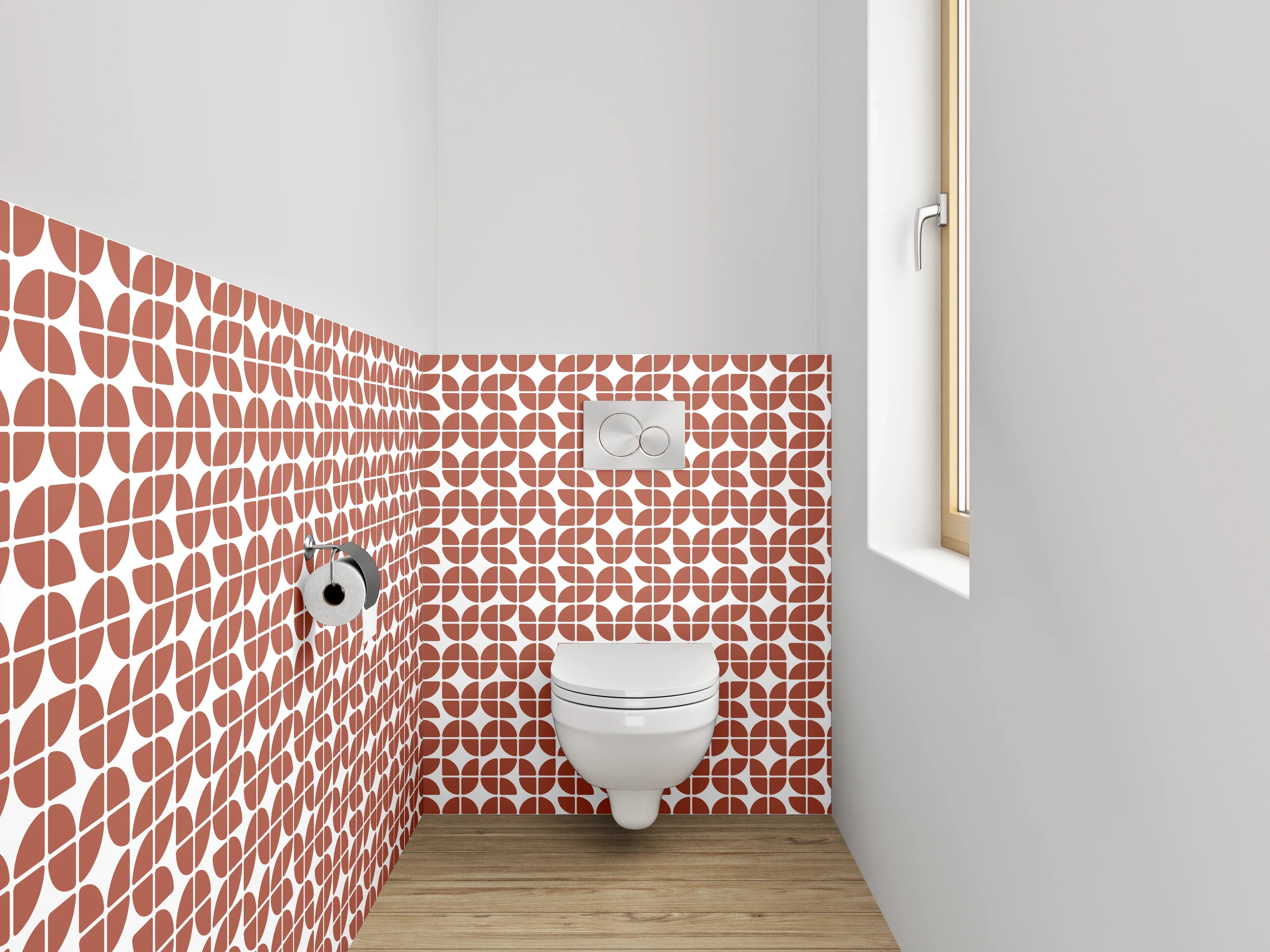 WC-Rückwand - Grafisches Retro-Muster in Terrakotta und Weiß