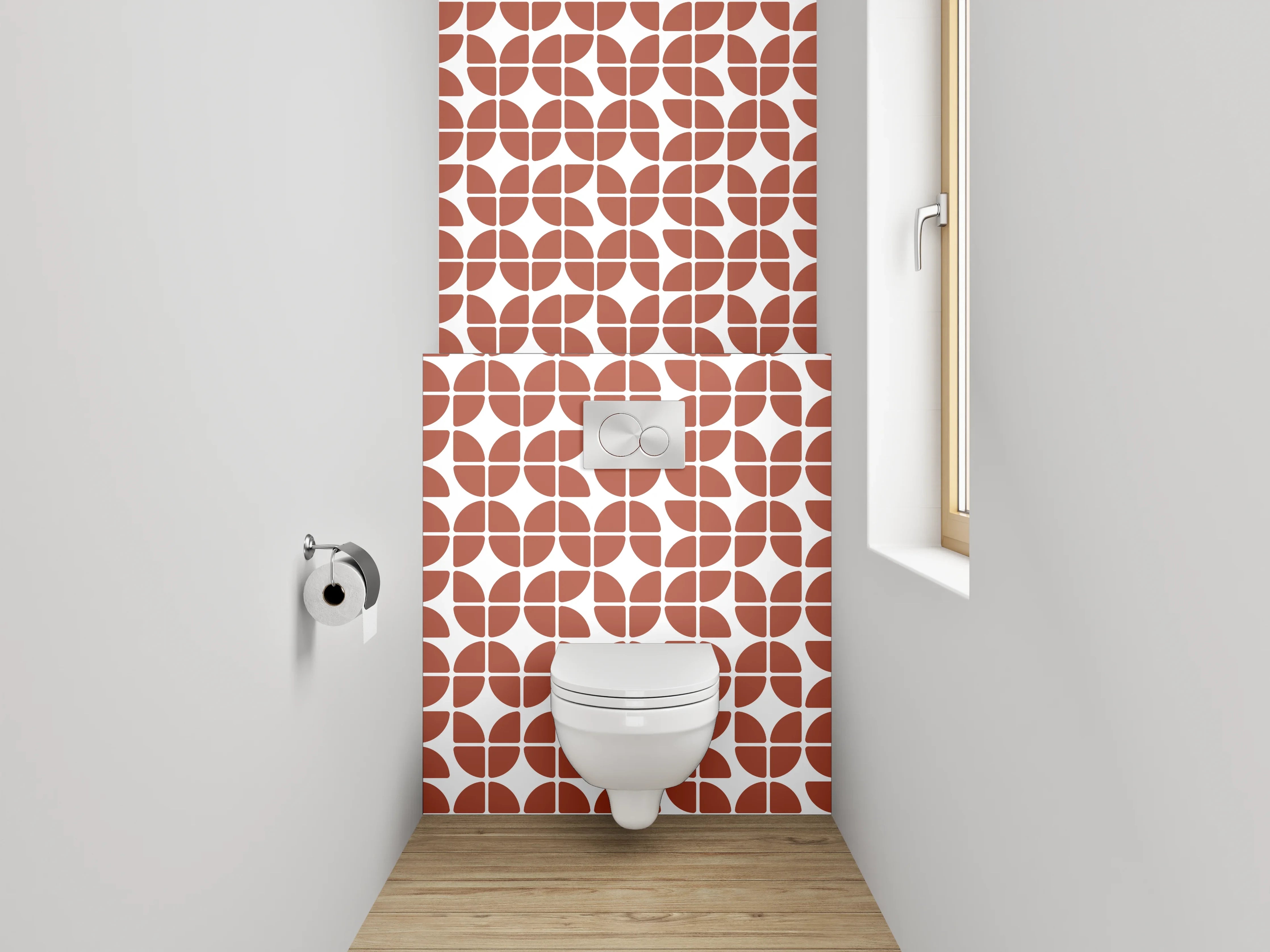 WC-Rückwand - Grafisches Retro-Muster in Terrakotta und Weiß