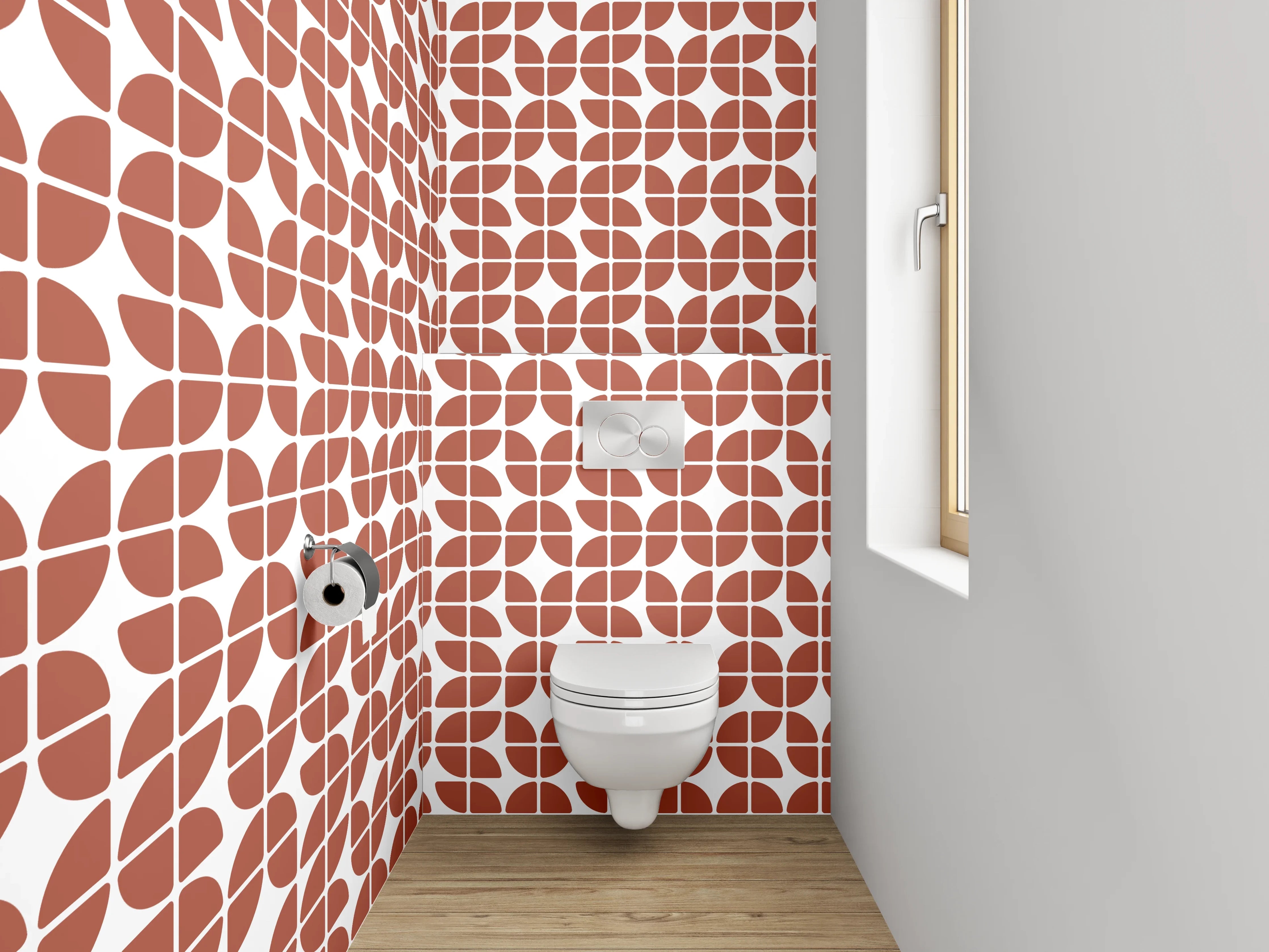 WC-Rückwand - Grafisches Retro-Muster in Terrakotta und Weiß
