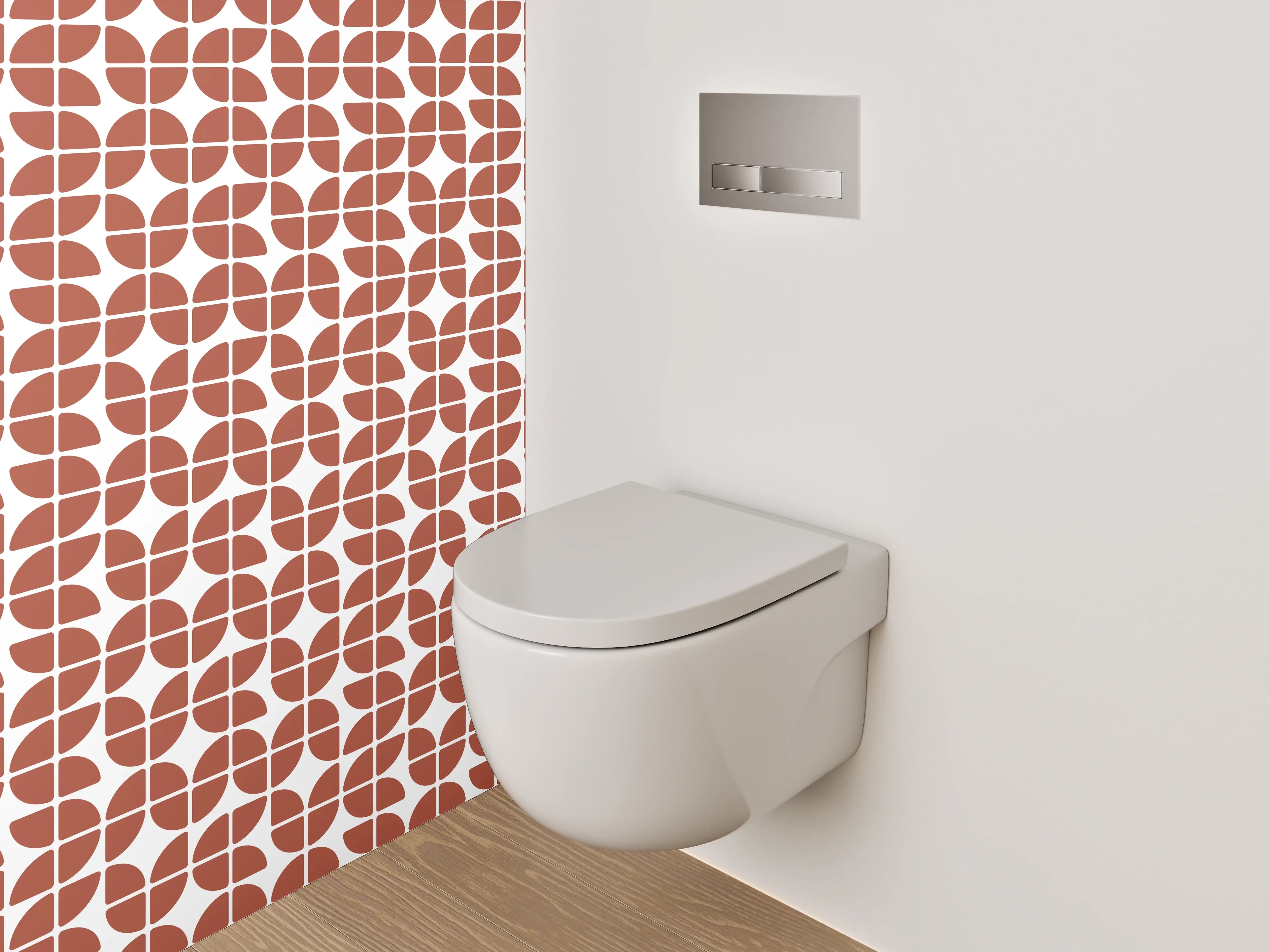 WC-Rückwand - Grafisches Retro-Muster in Terrakotta und Weiß