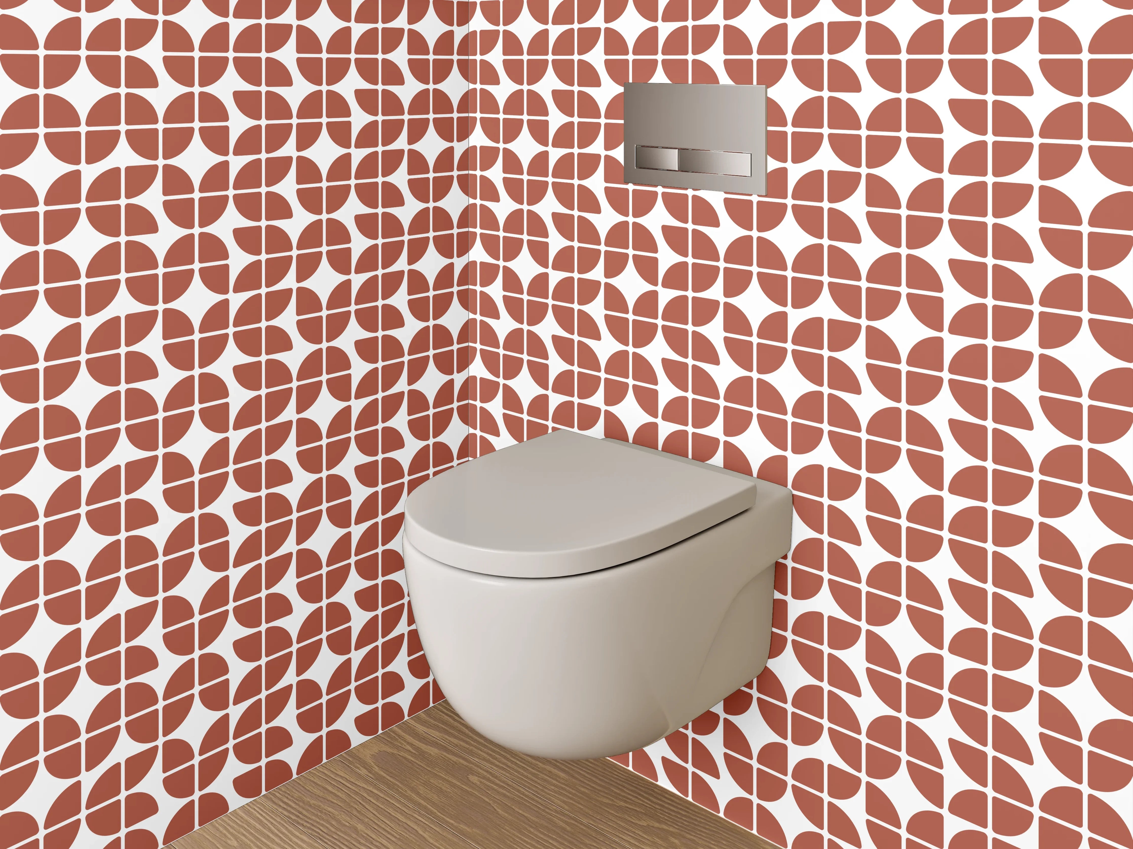 WC-Rückwand - Grafisches Retro-Muster in Terrakotta und Weiß