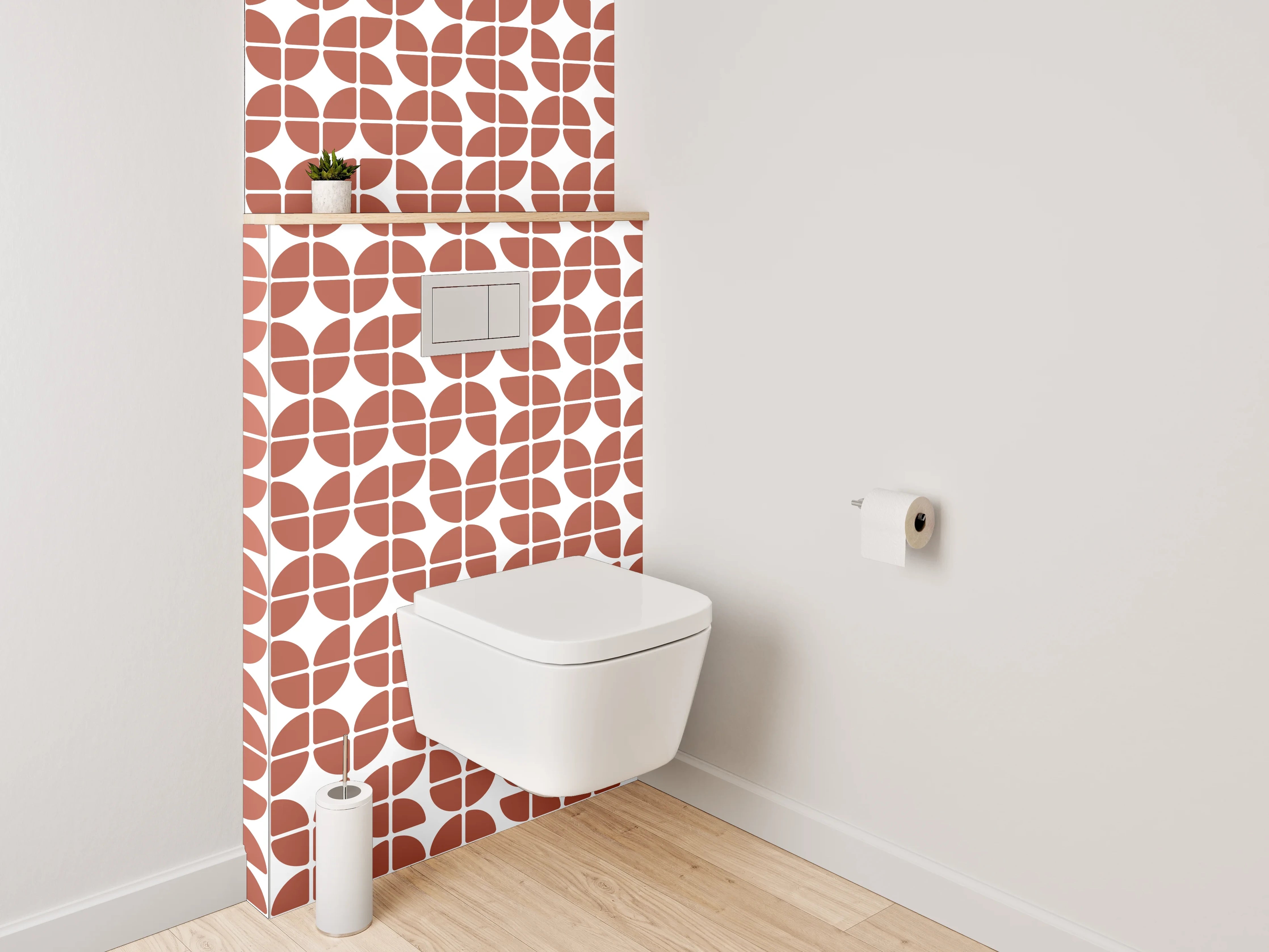 WC-Rückwand - Grafisches Retro-Muster in Terrakotta und Weiß