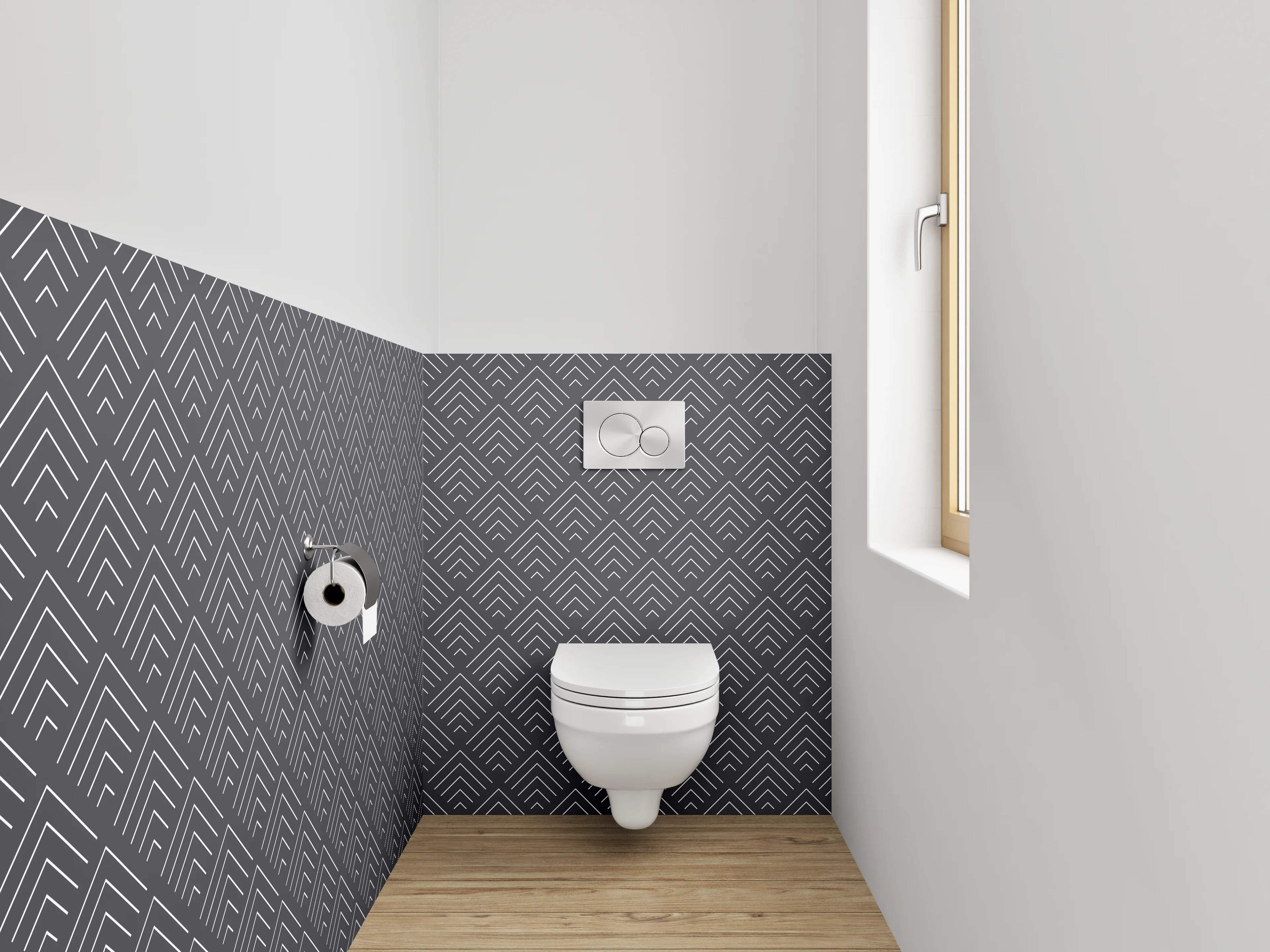 WC-Rückwand - Grafisches Zickzack Muster Dunkelgrau Weiß