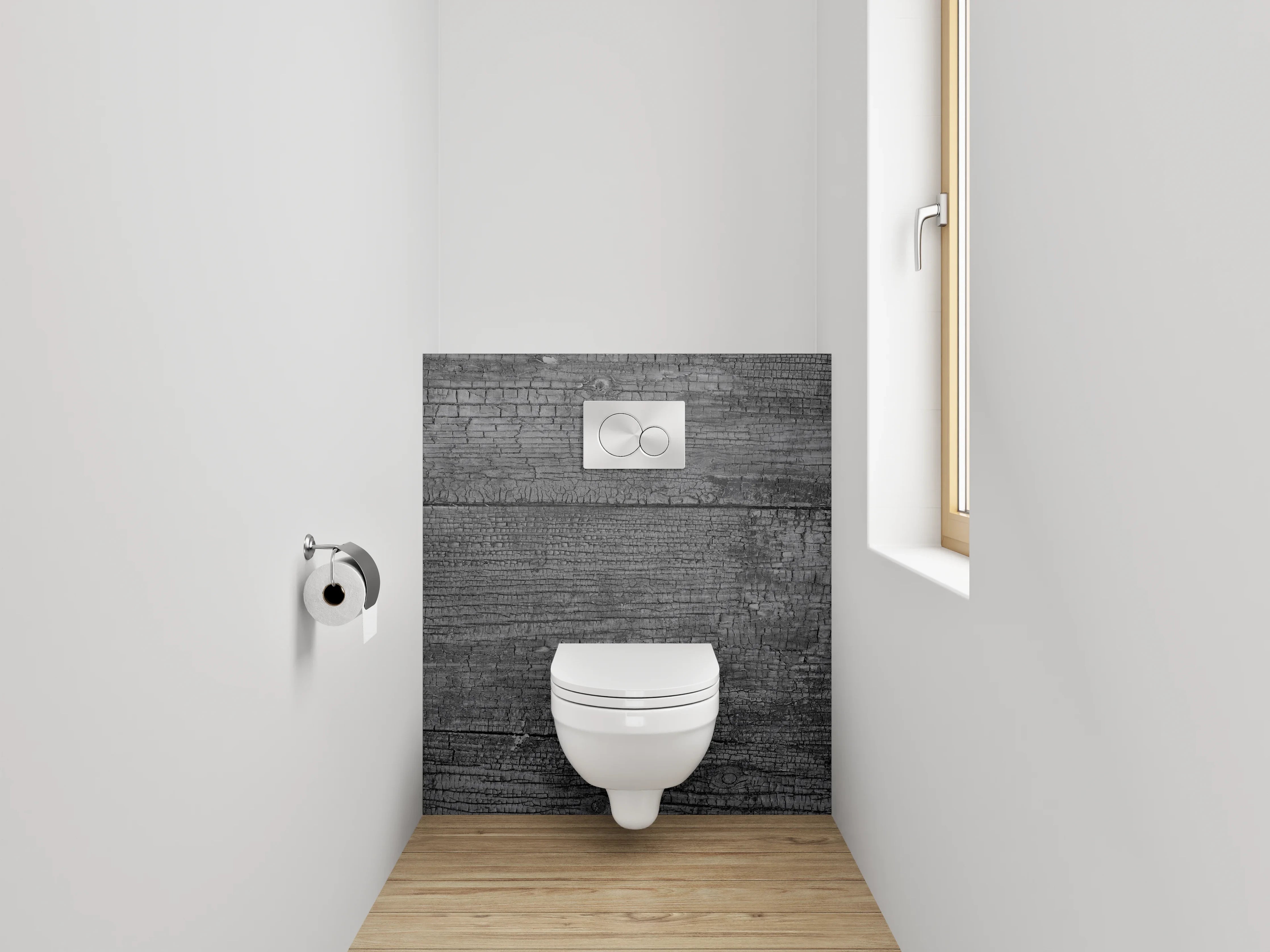 WC-Rückwand - Grau-weiße Holzvertäfelung