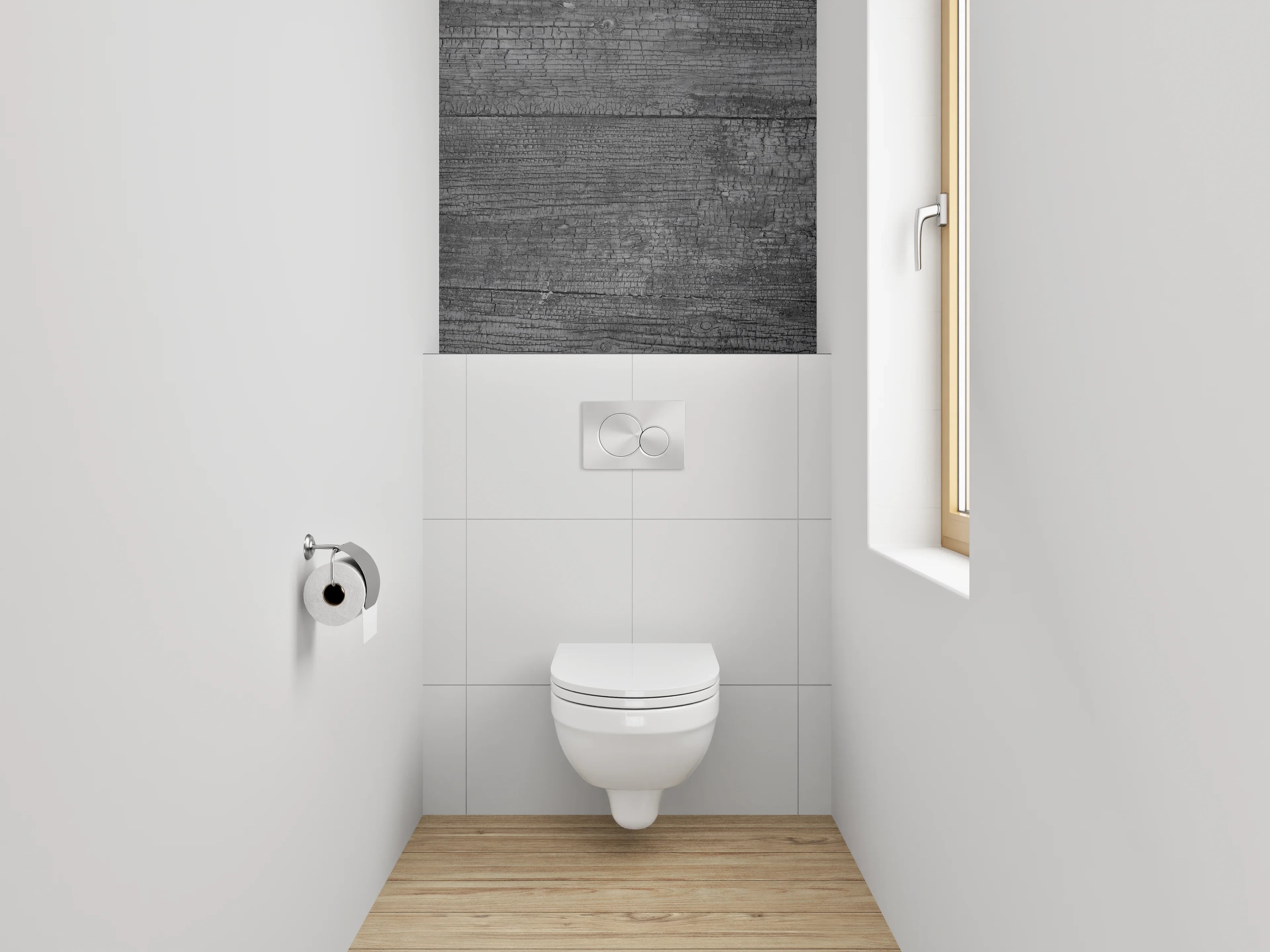 WC-Rückwand - Grau-weiße Holzvertäfelung