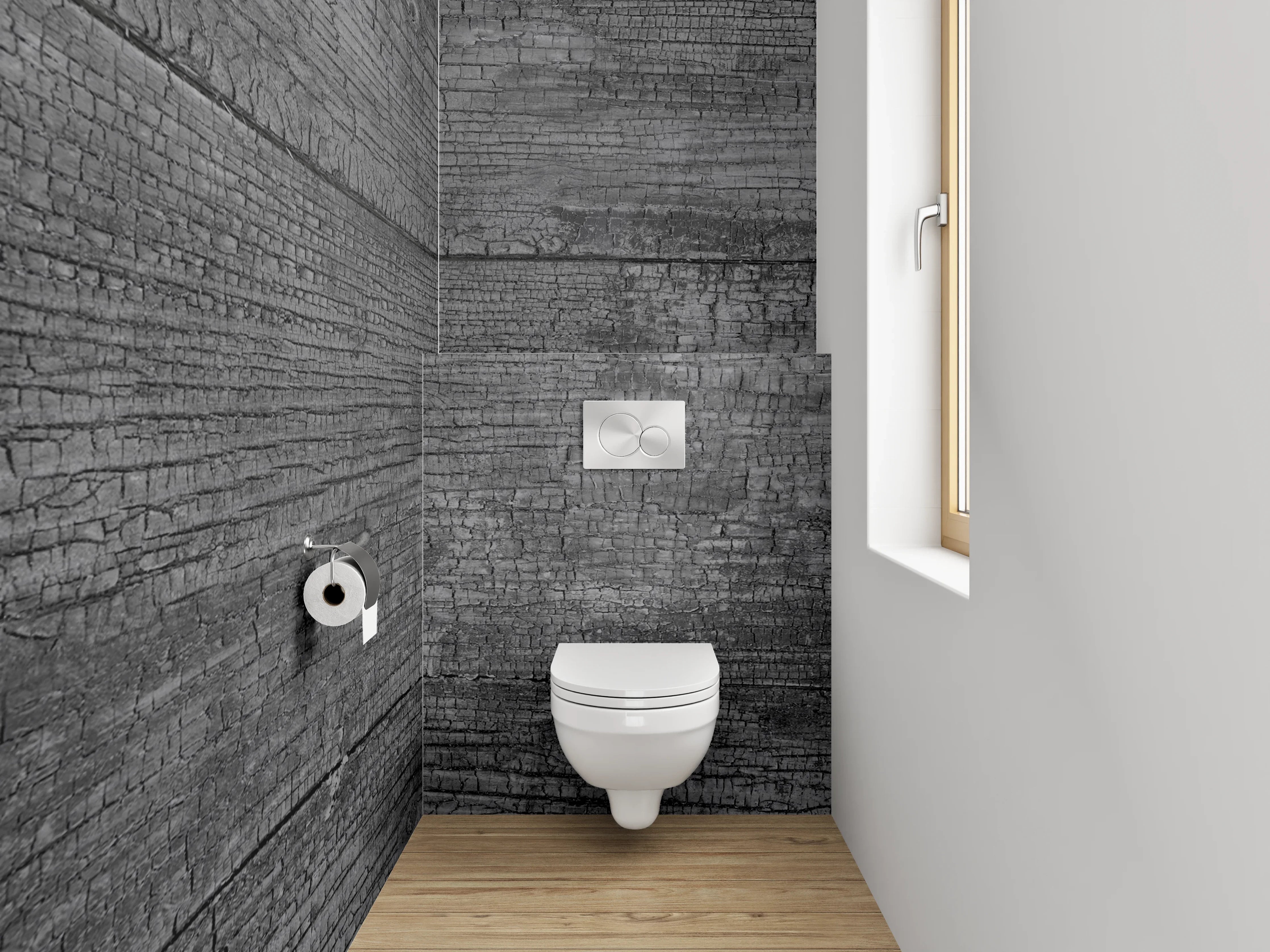 WC-Rückwand - Grau-weiße Holzvertäfelung