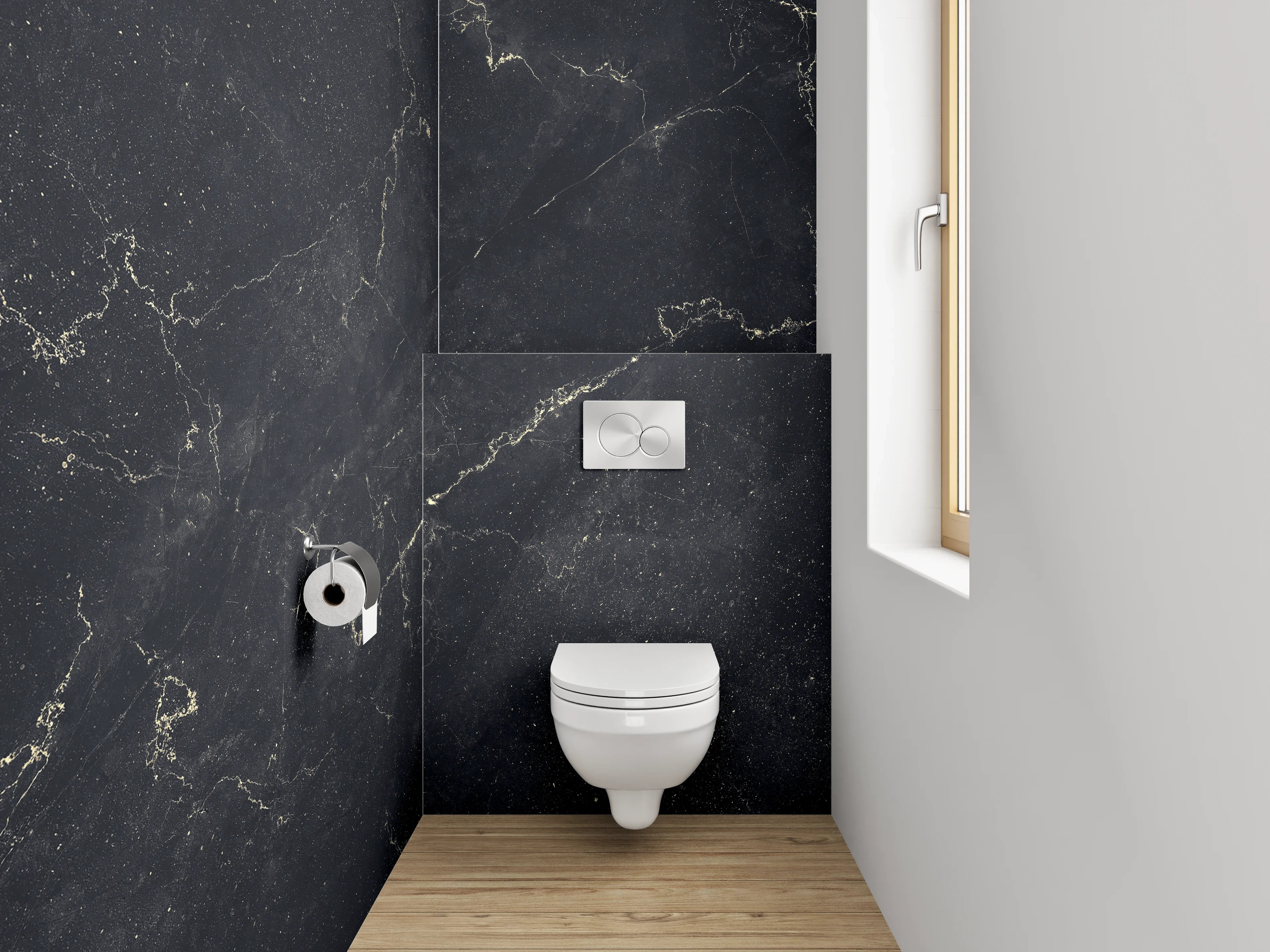 WC-Rückwand - Grau-weißer Marmor mit Goldlinien