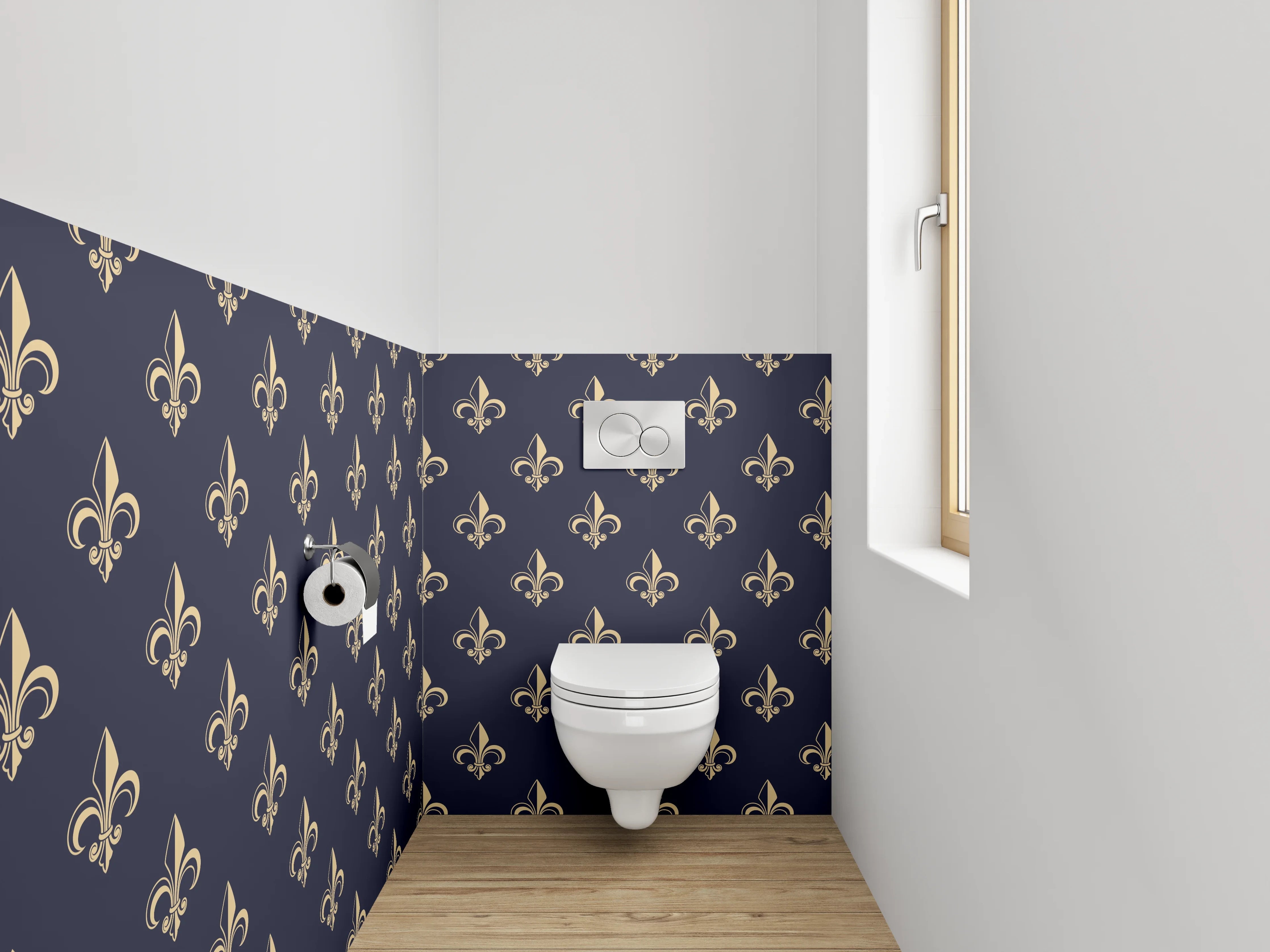 WC-Rückwand - Graublau Goldene Lilienornamente