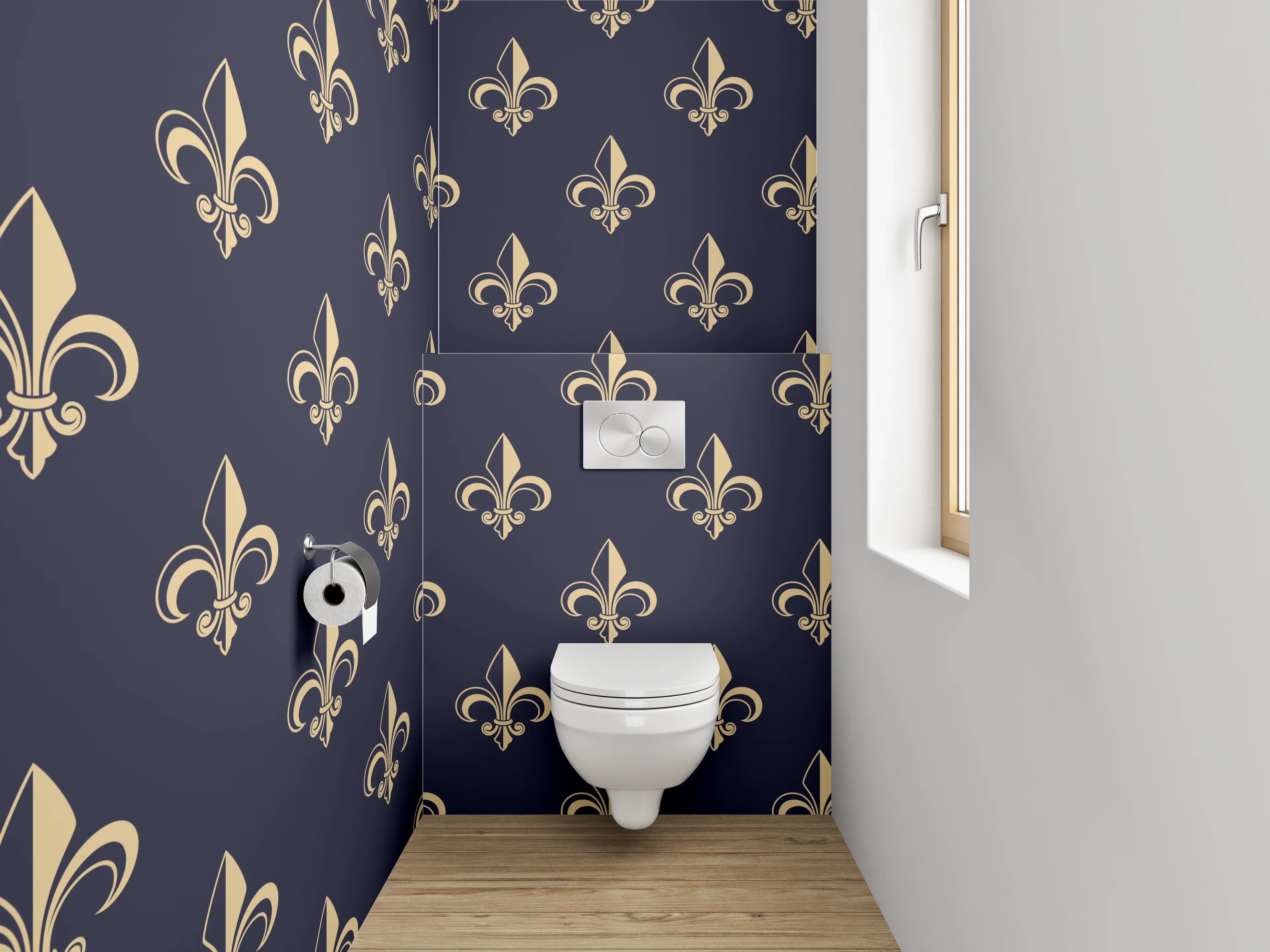 WC-Rückwand - Graublau Goldene Lilienornamente