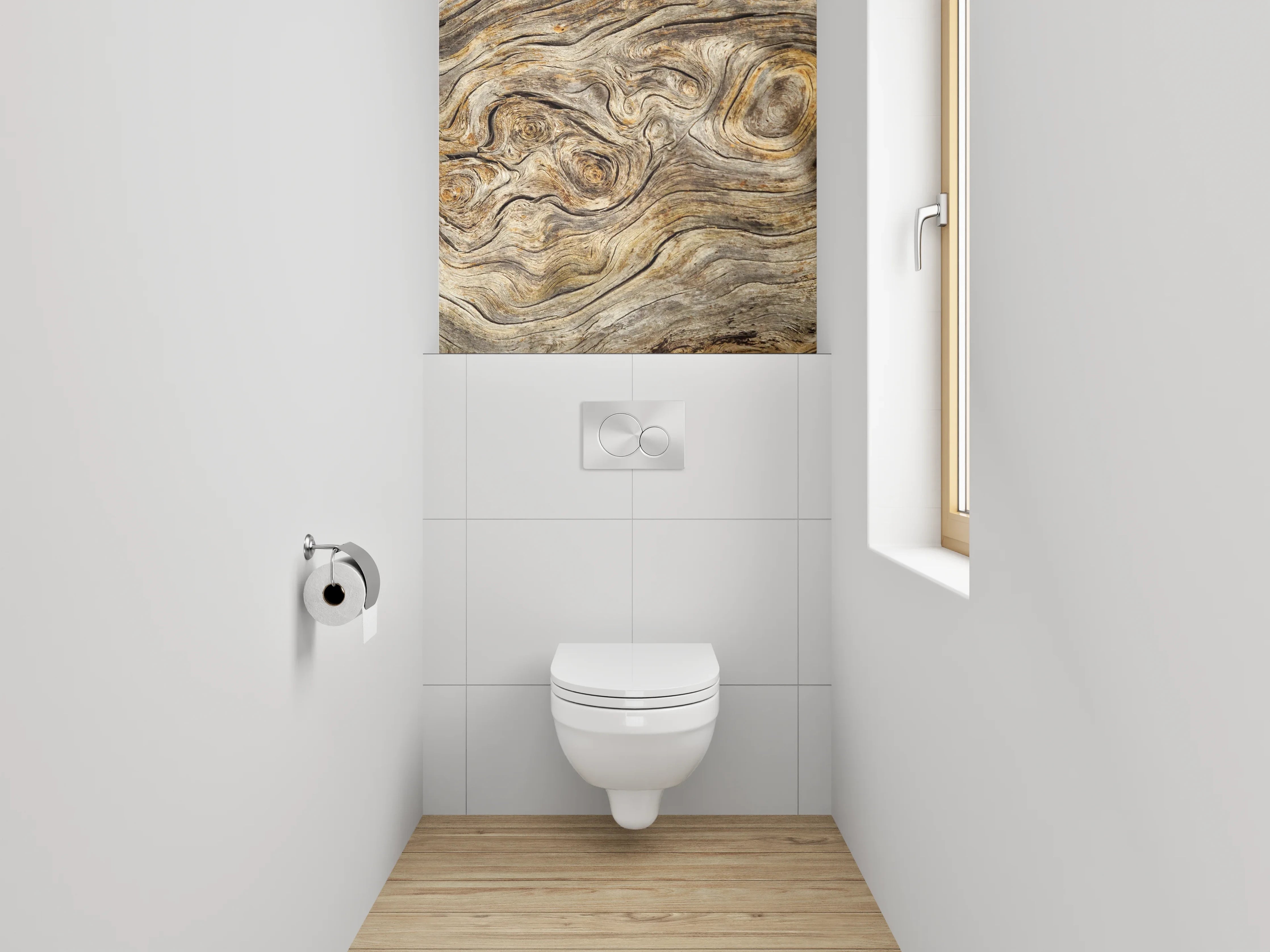 WC-Rückwand - Graubraune Holztextur mit Weißakzenten