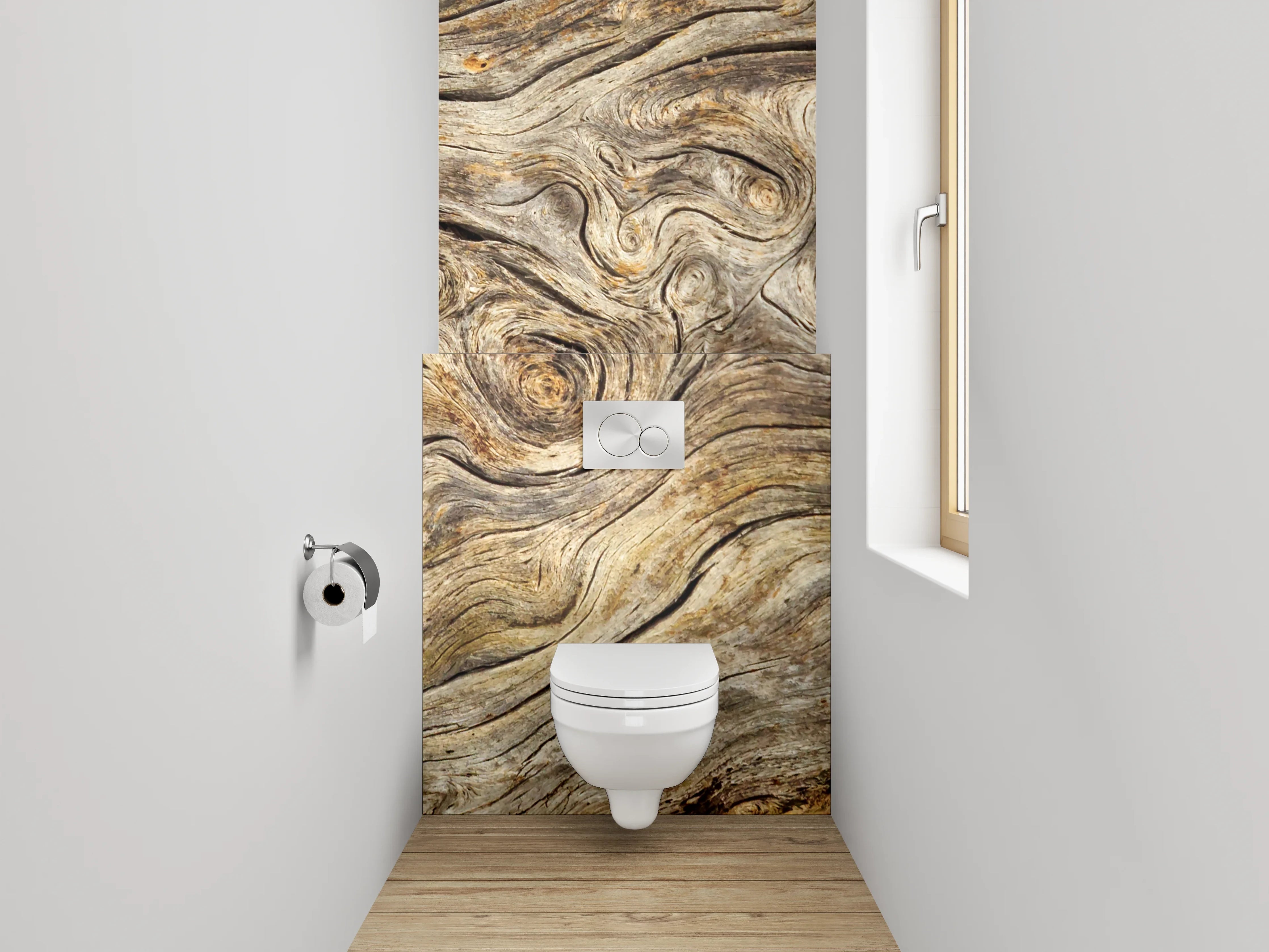 WC-Rückwand - Graubraune Holztextur mit Weißakzenten