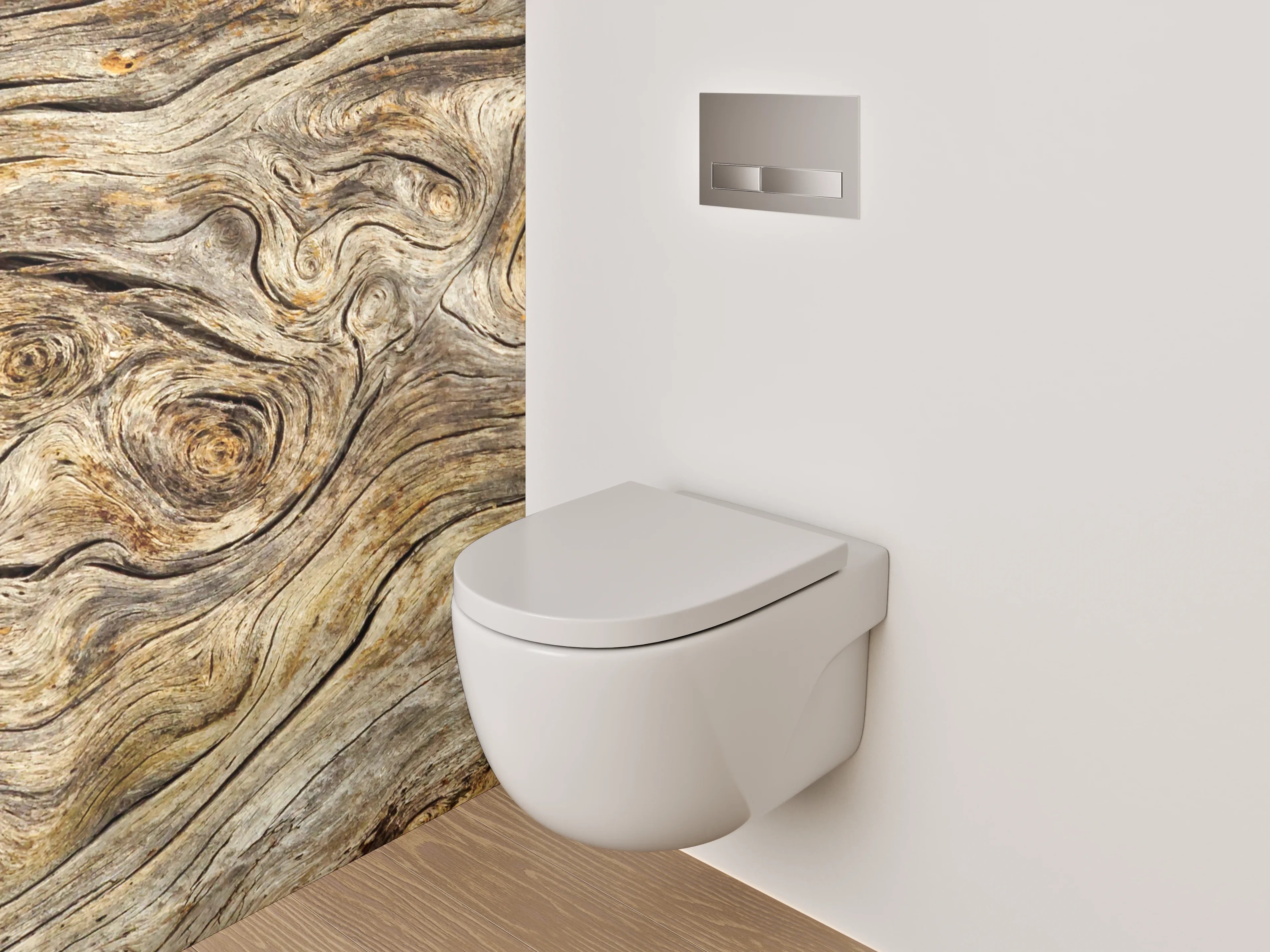 WC-Rückwand - Graubraune Holztextur mit Weißakzenten