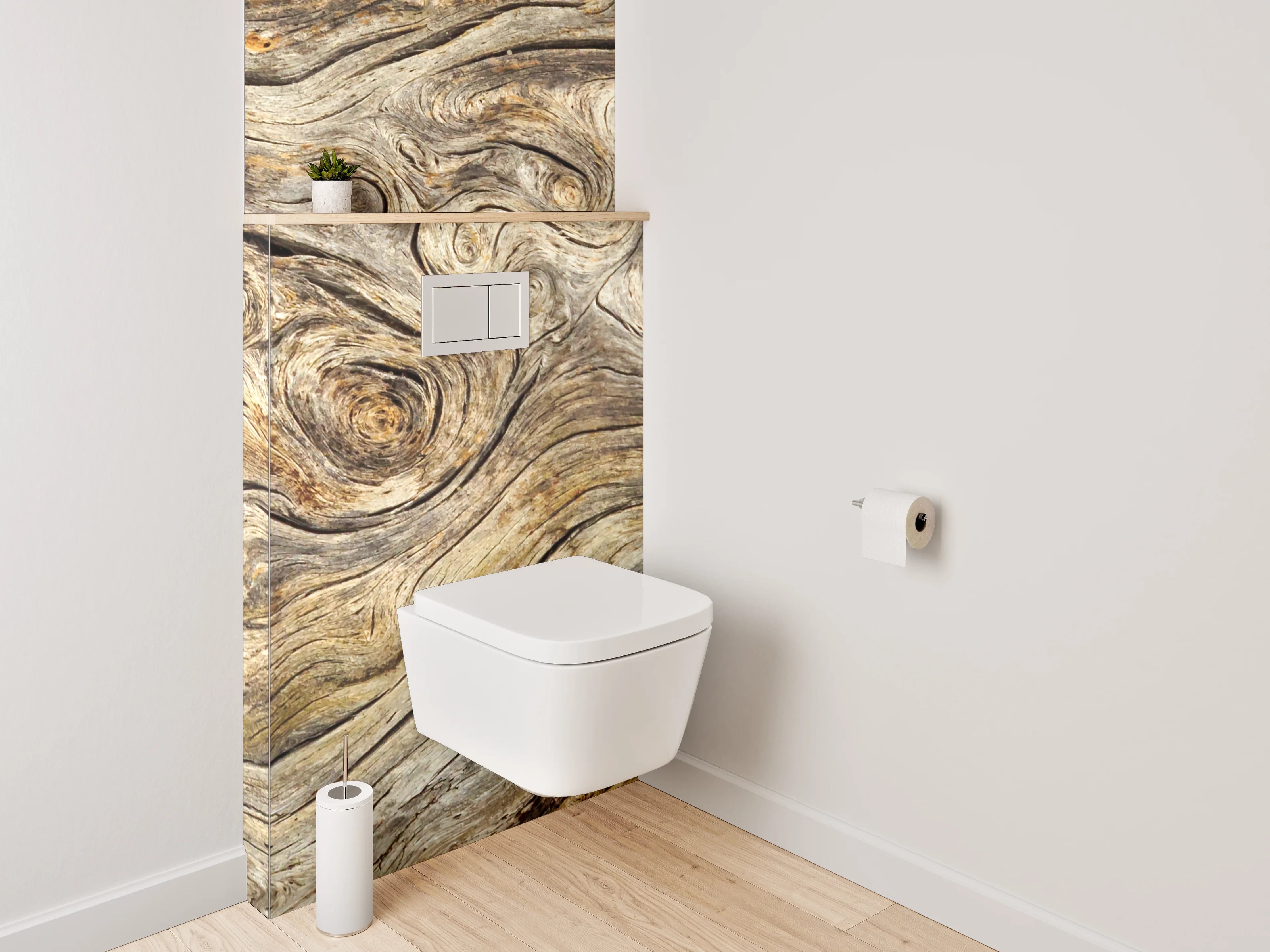 WC-Rückwand - Graubraune Holztextur mit Weißakzenten