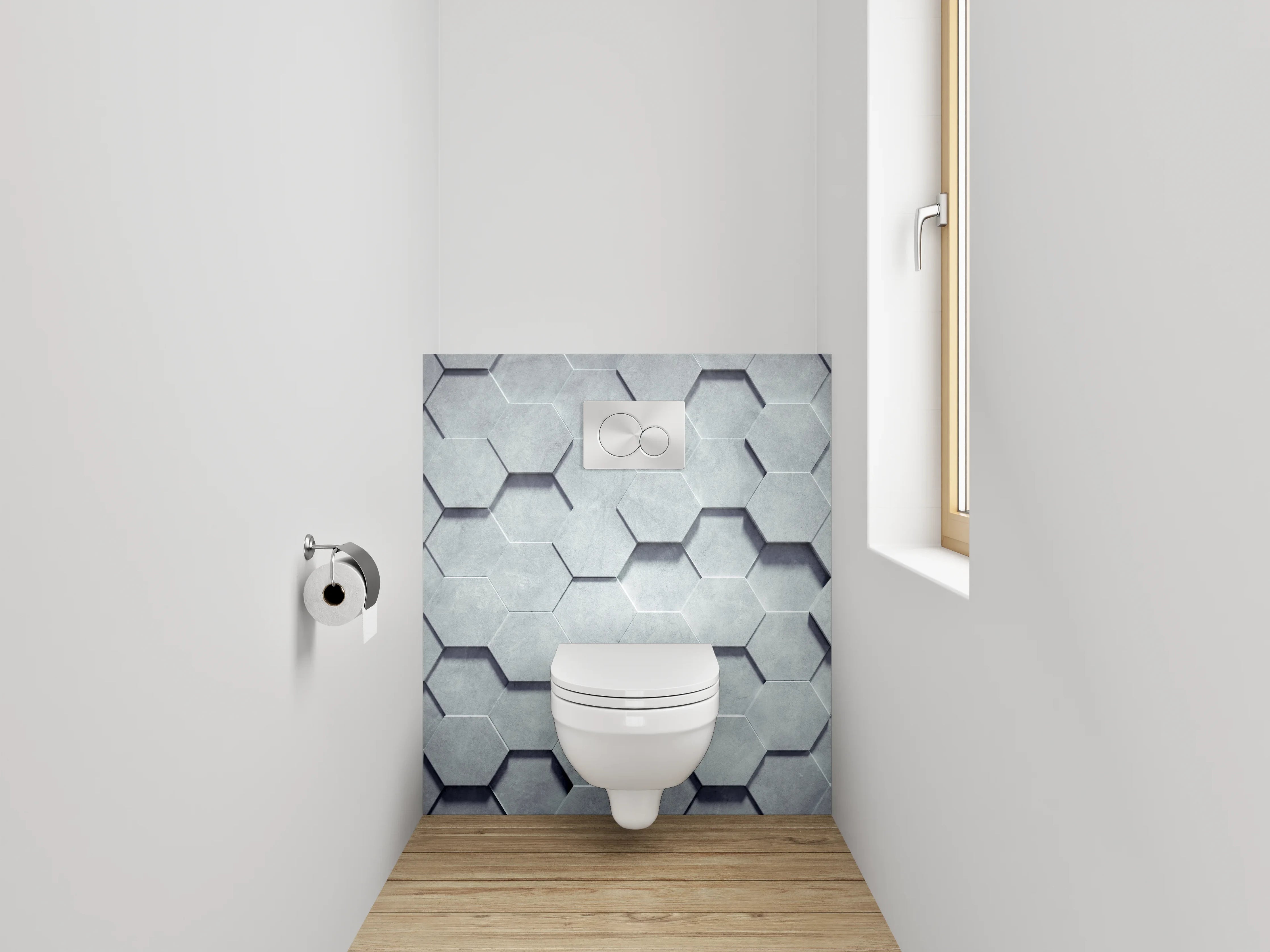 WC-Rückwand - Graue 3D-Hexagon-Wandgestaltung