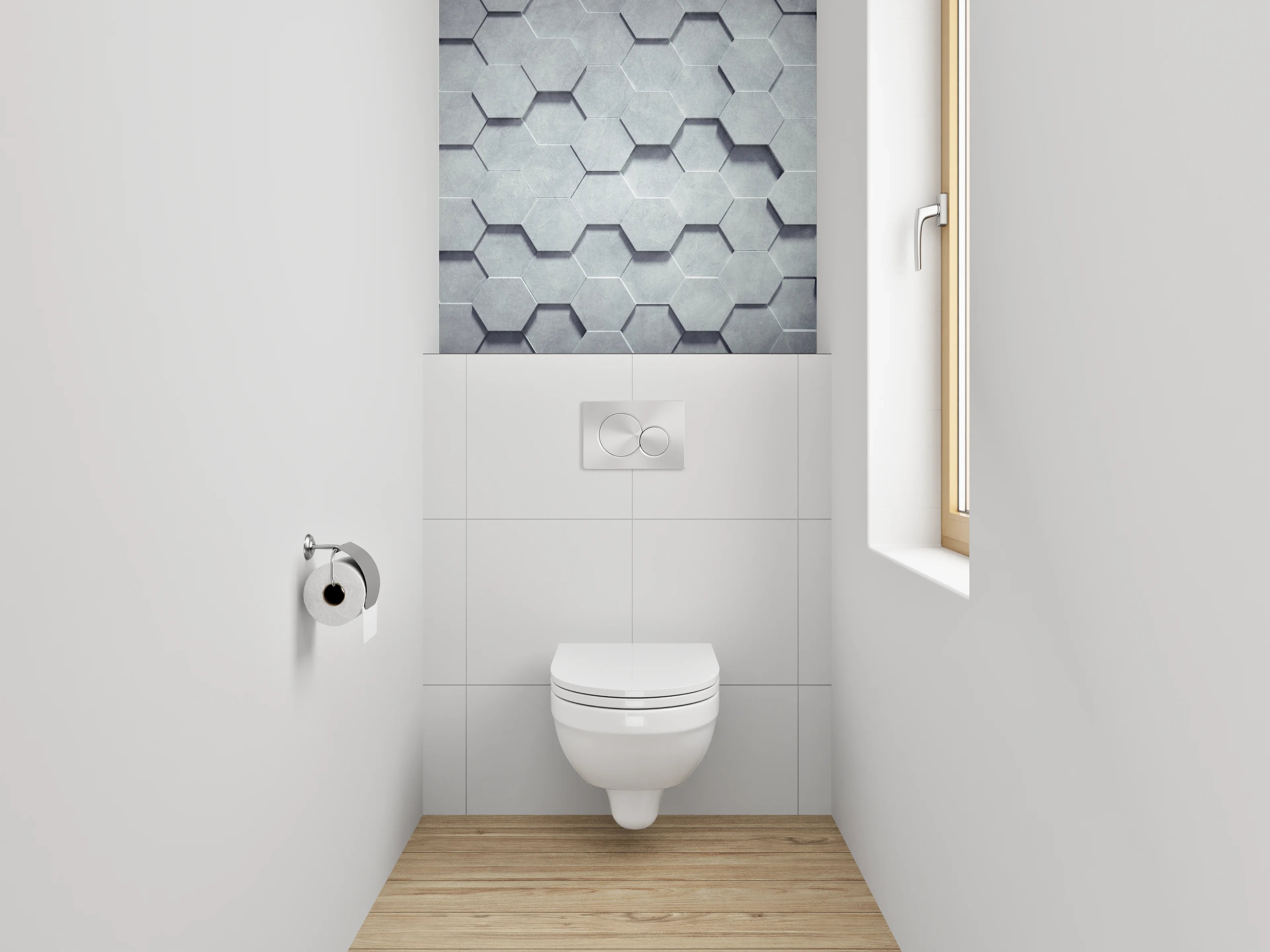 WC-Rückwand - Graue 3D-Hexagon-Wandgestaltung