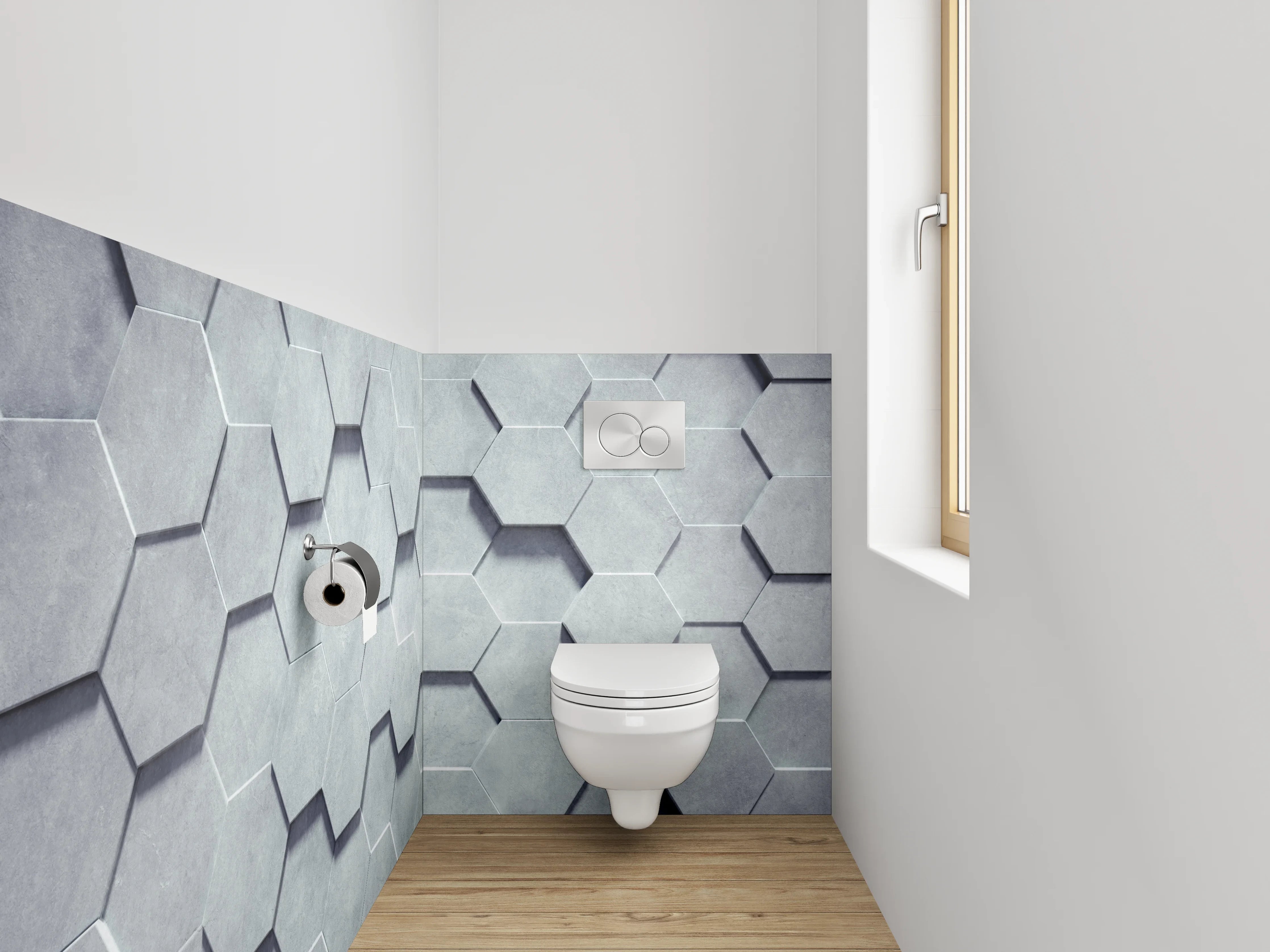 WC-Rückwand - Graue 3D-Hexagon-Wandgestaltung