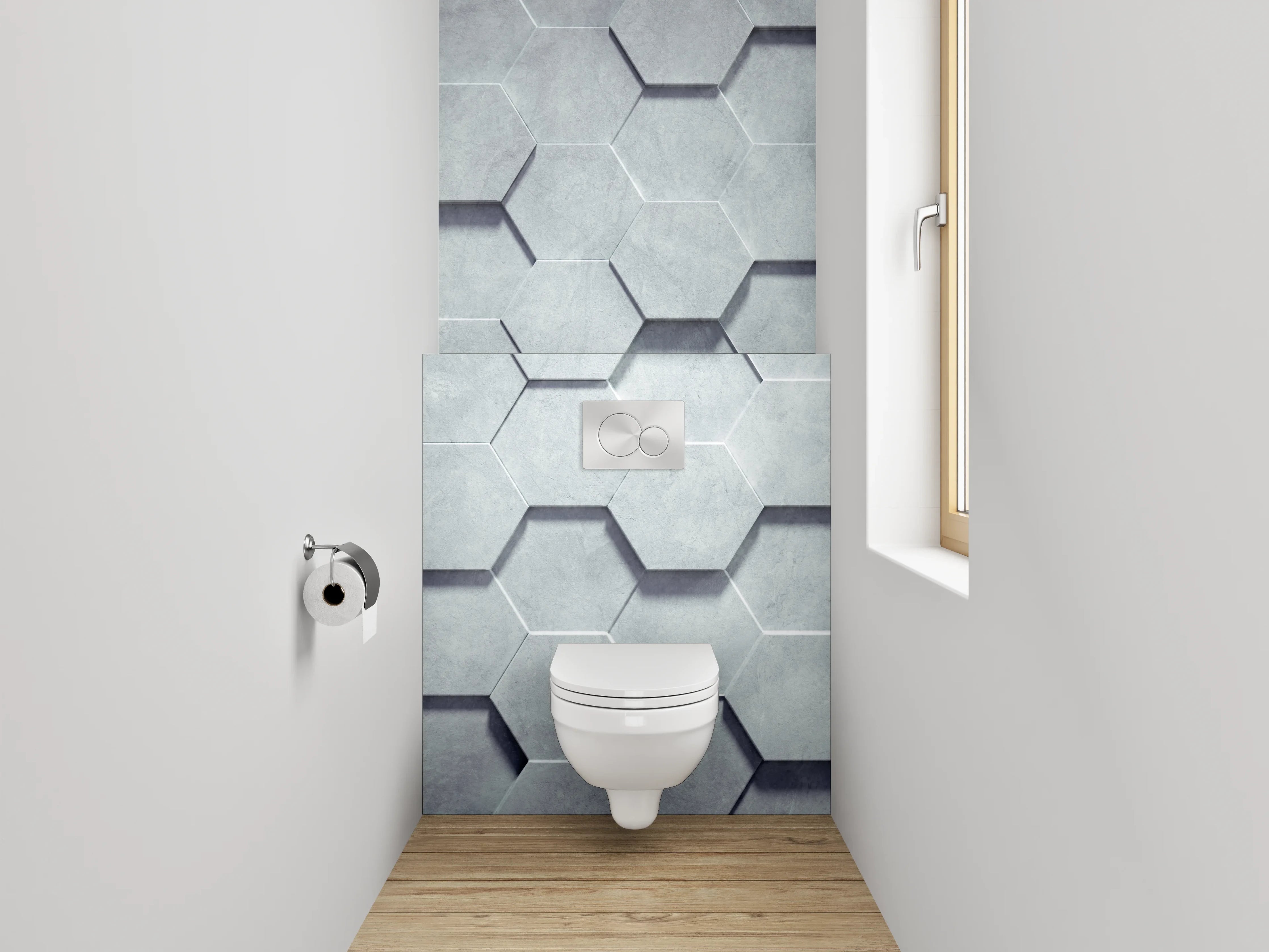 WC-Rückwand - Graue 3D-Hexagon-Wandgestaltung