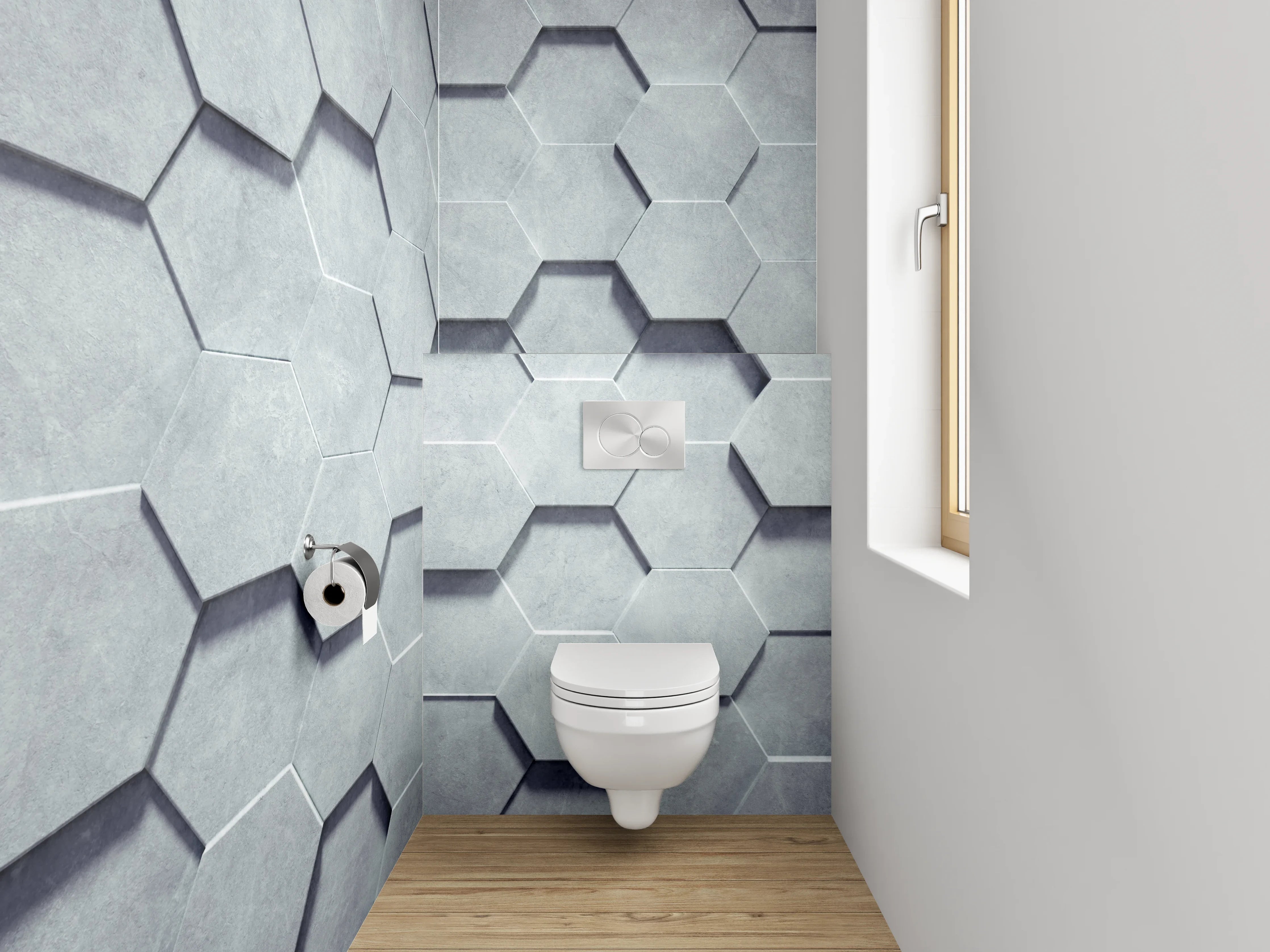 WC-Rückwand - Graue 3D-Hexagon-Wandgestaltung