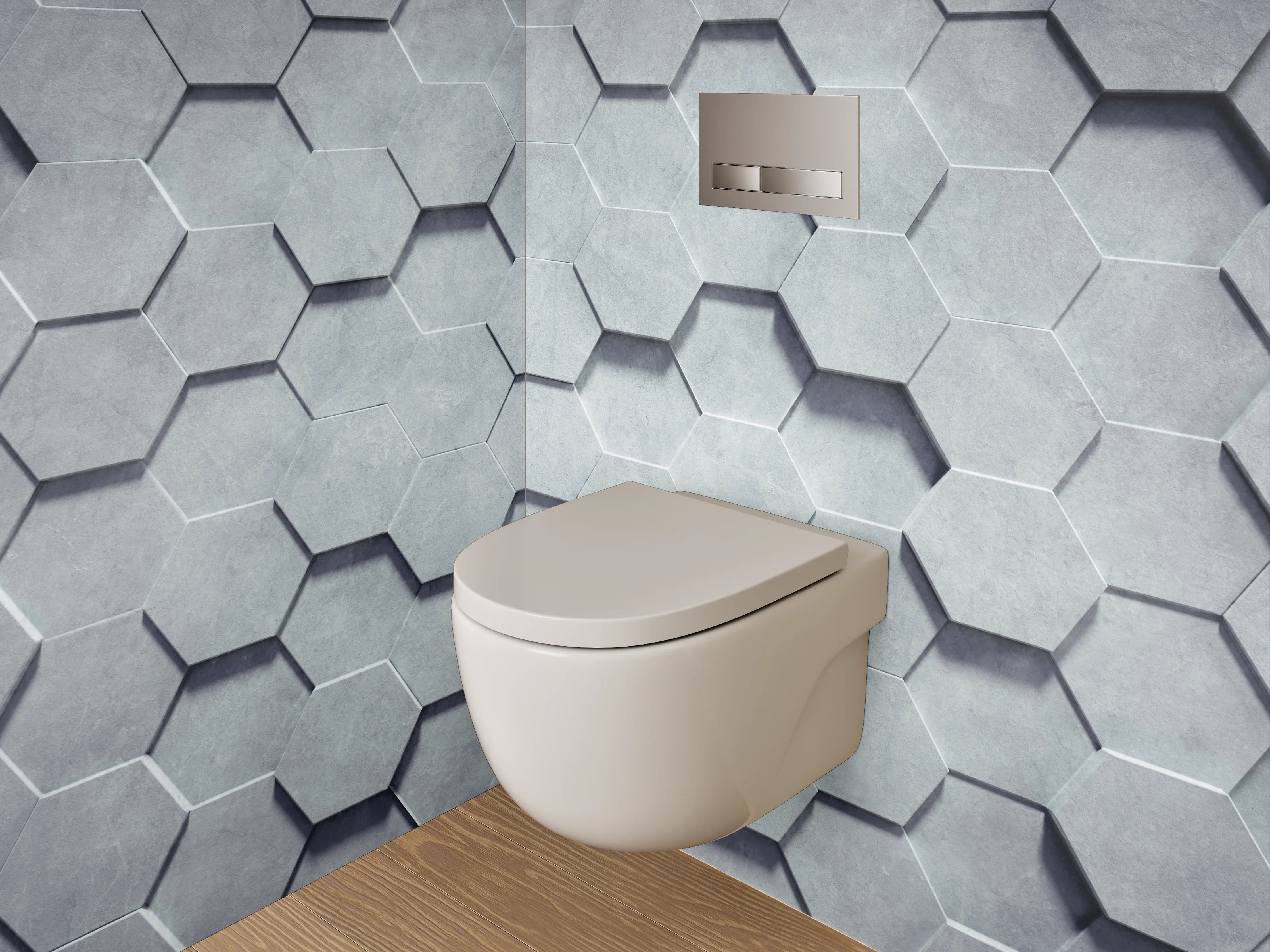 WC-Rückwand - Graue 3D-Hexagon-Wandgestaltung