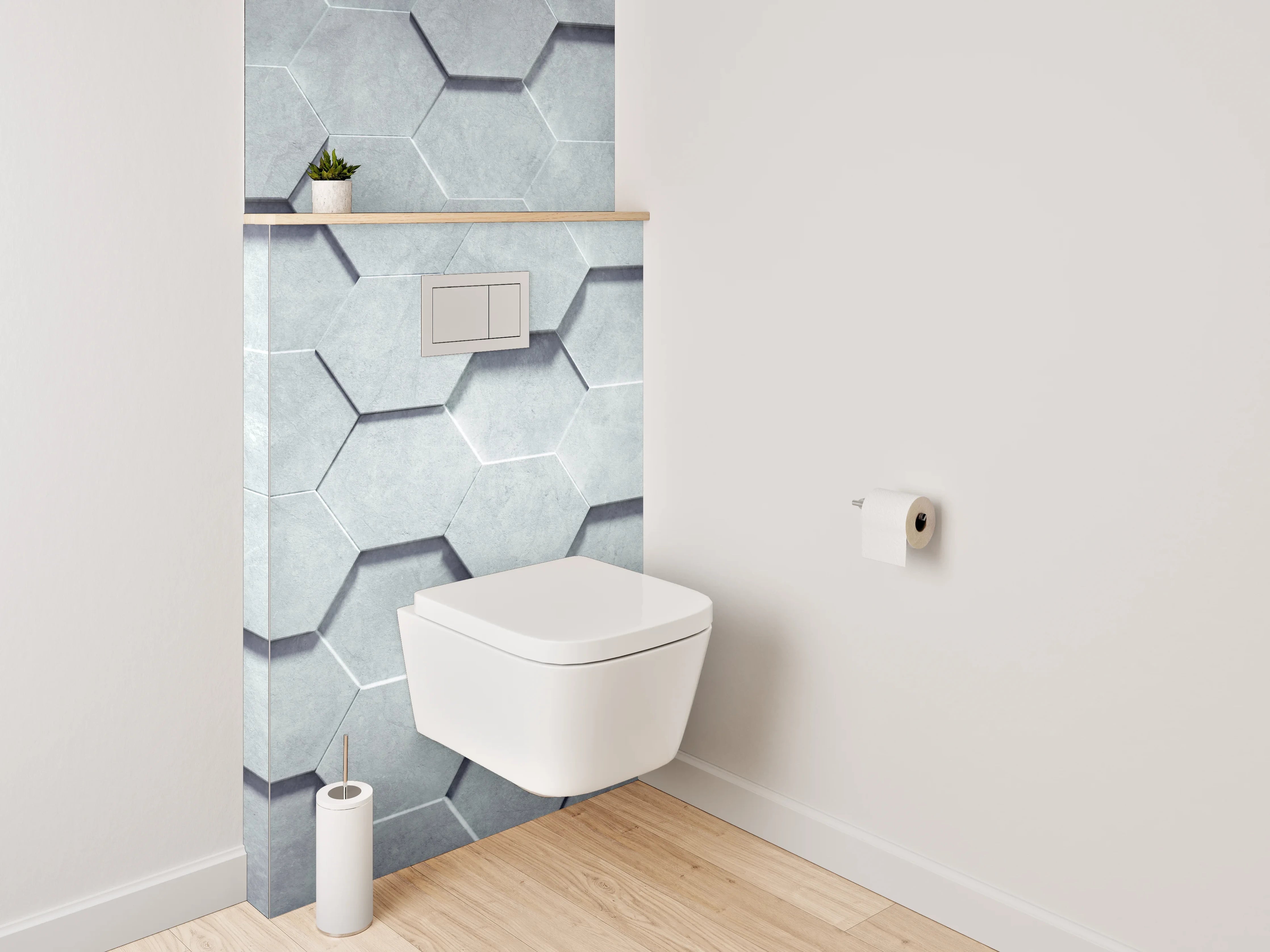 WC-Rückwand - Graue 3D-Hexagon-Wandgestaltung