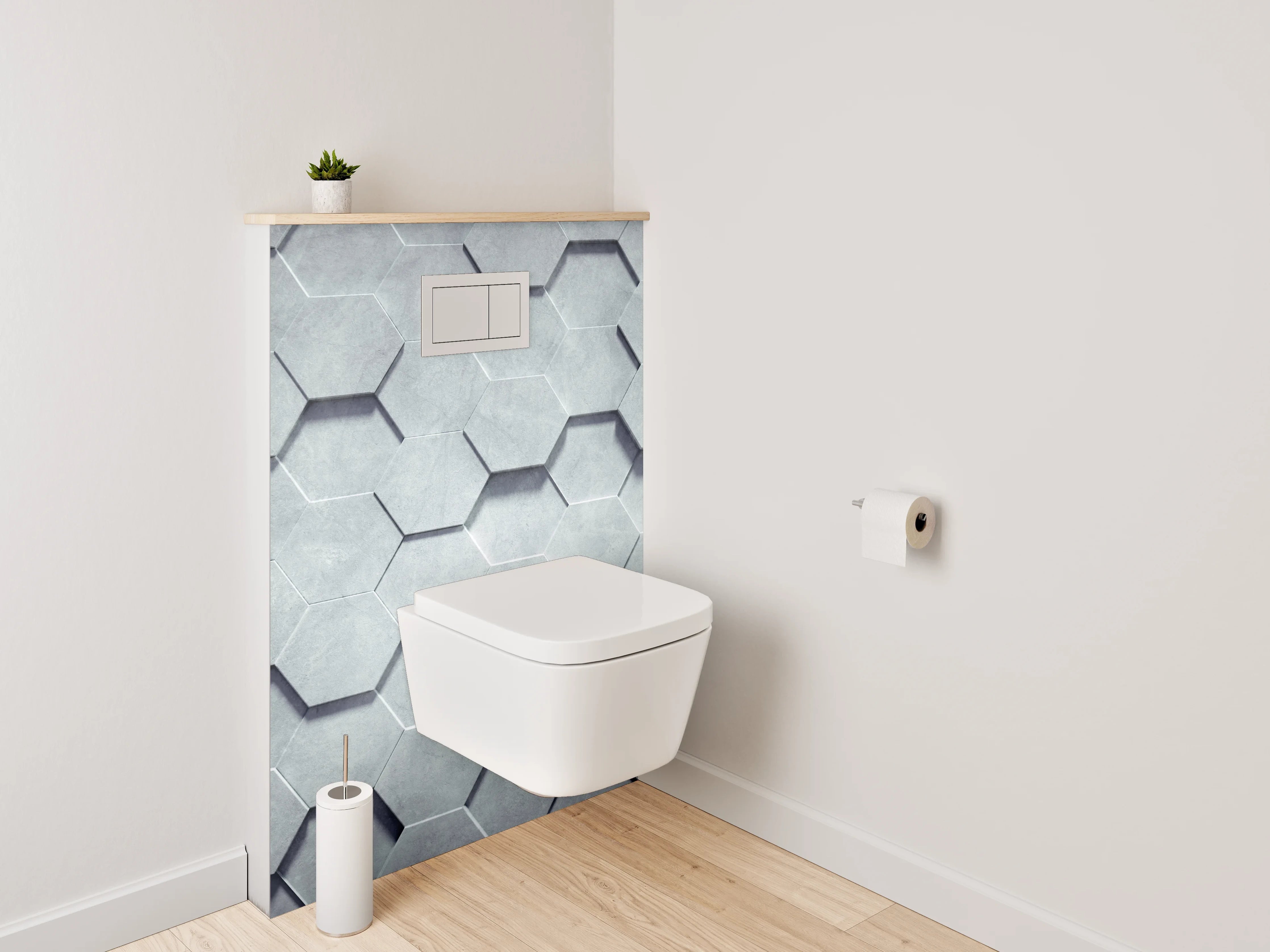 WC-Rückwand - Graue 3D-Hexagon-Wandgestaltung
