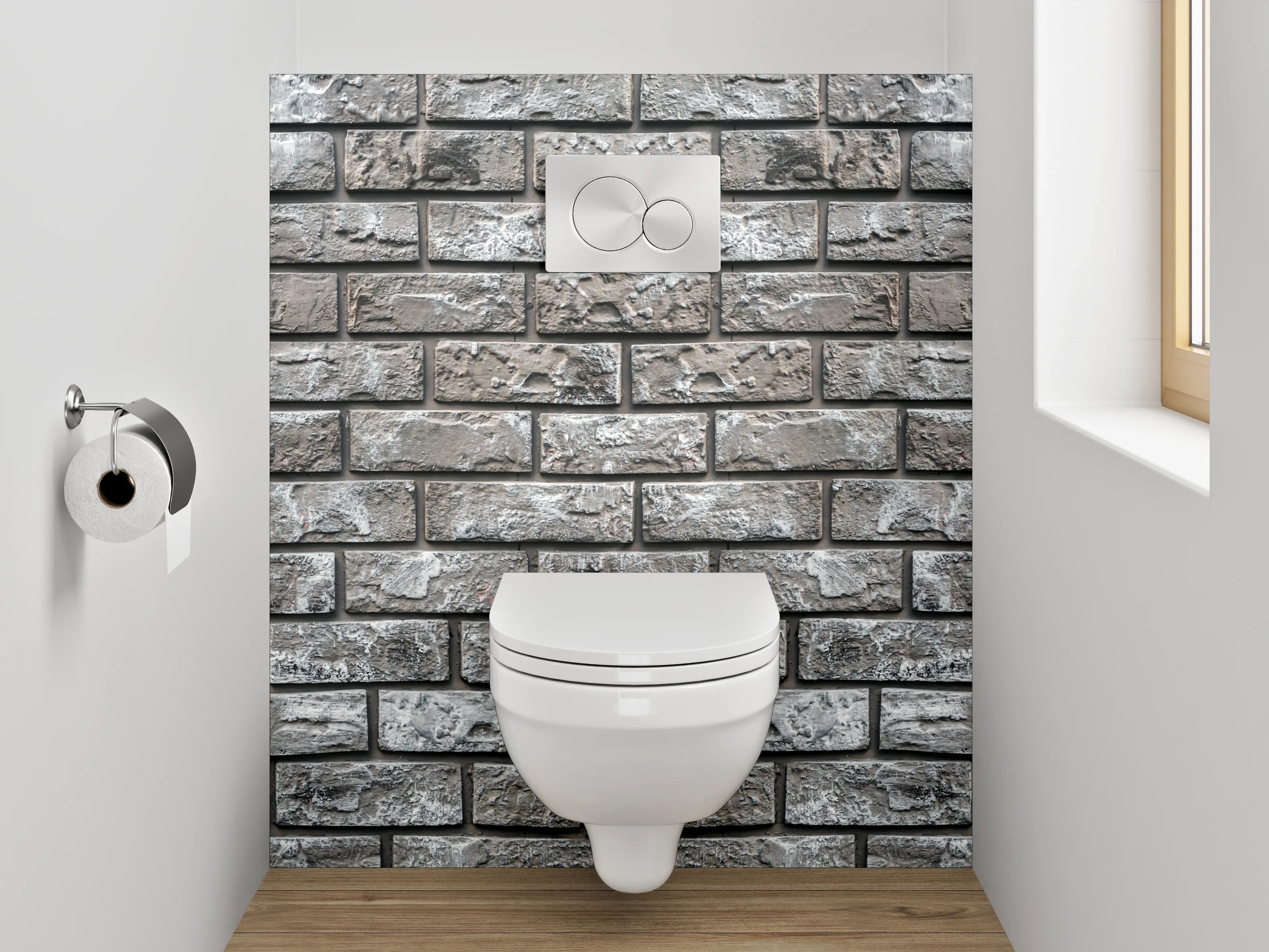 WC-Rückwand - Graue Backsteinwand modern verputzt