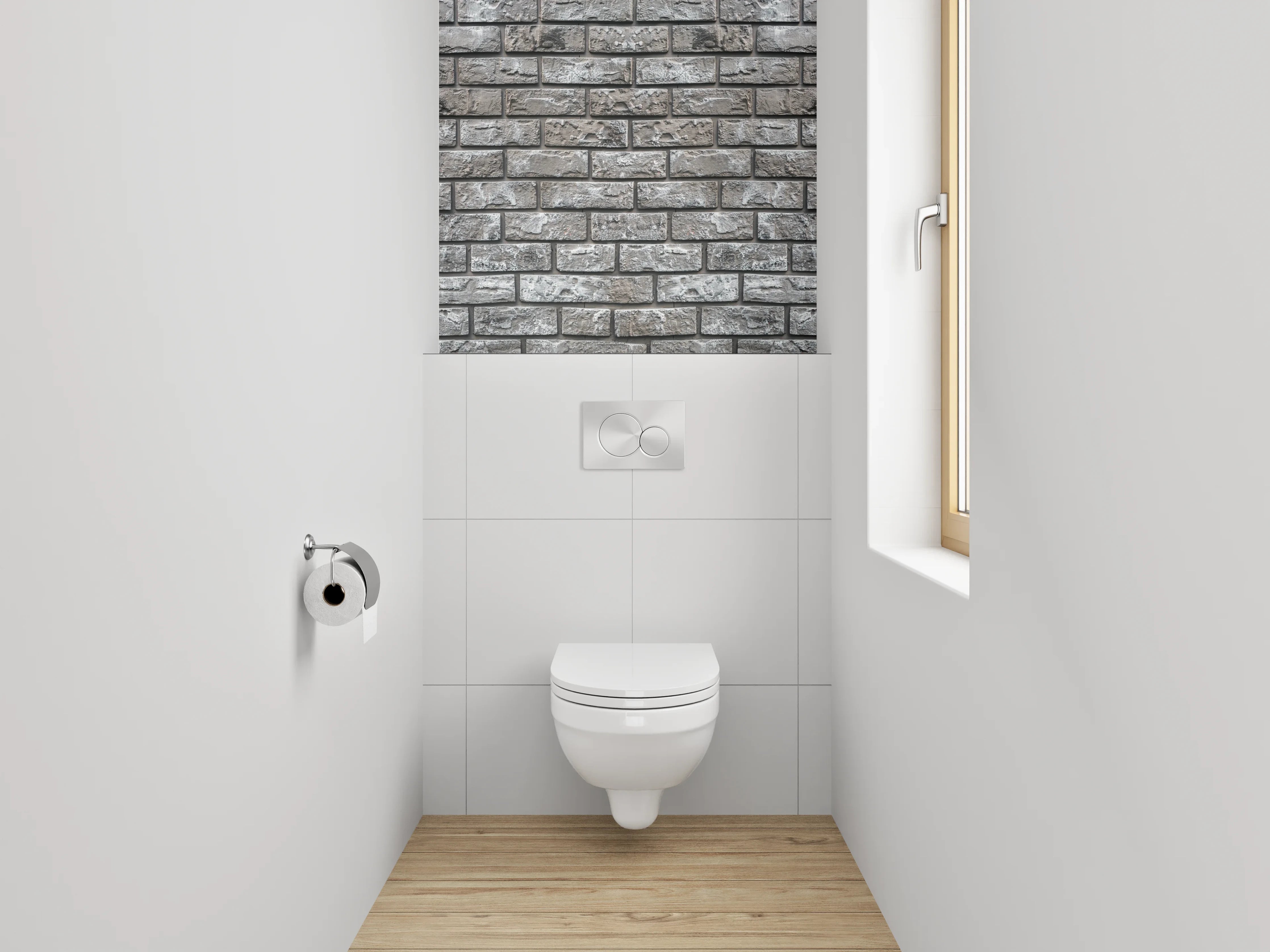 WC-Rückwand - Graue Backsteinwand modern verputzt