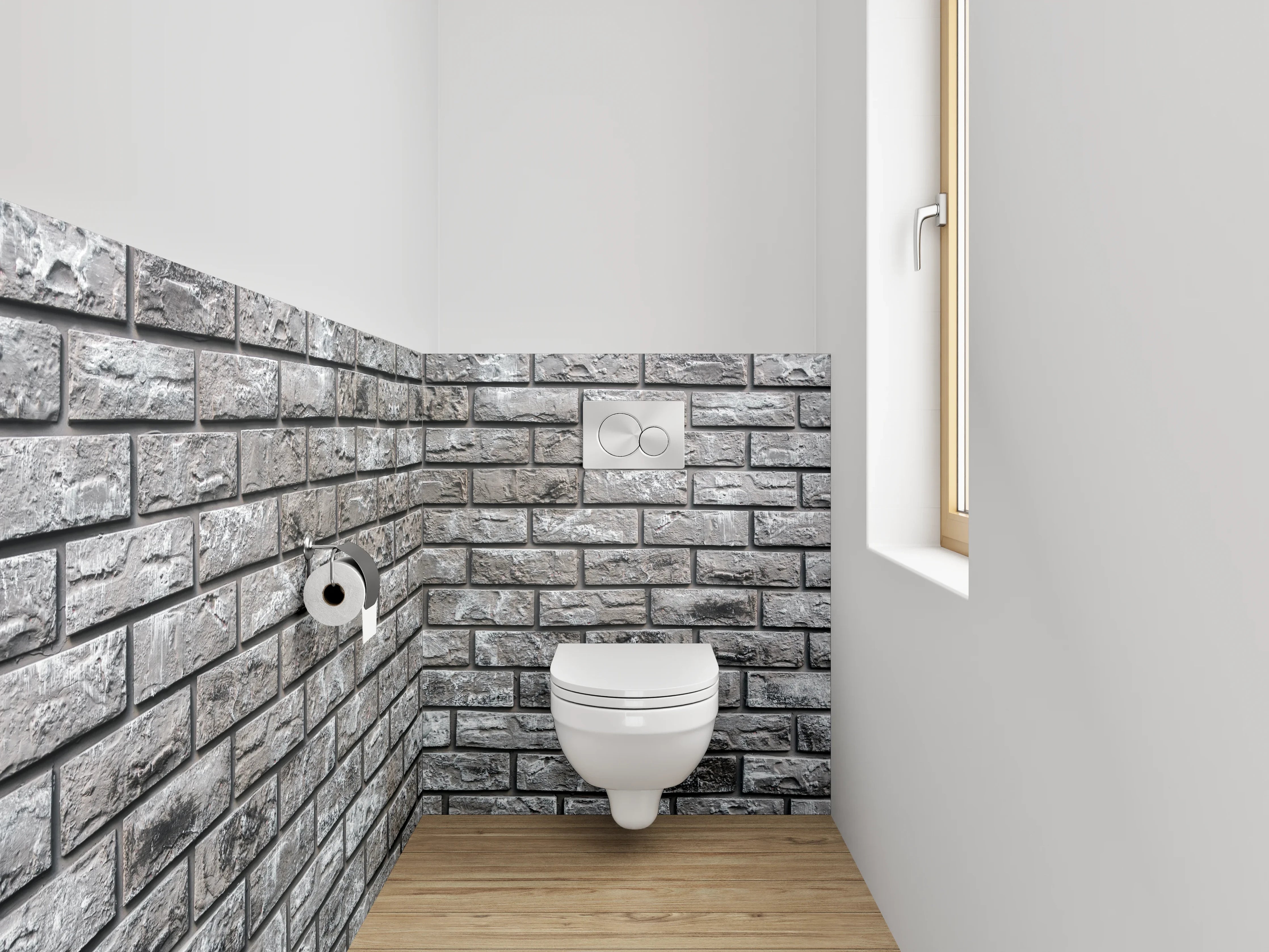 WC-Rückwand - Graue Backsteinwand modern verputzt