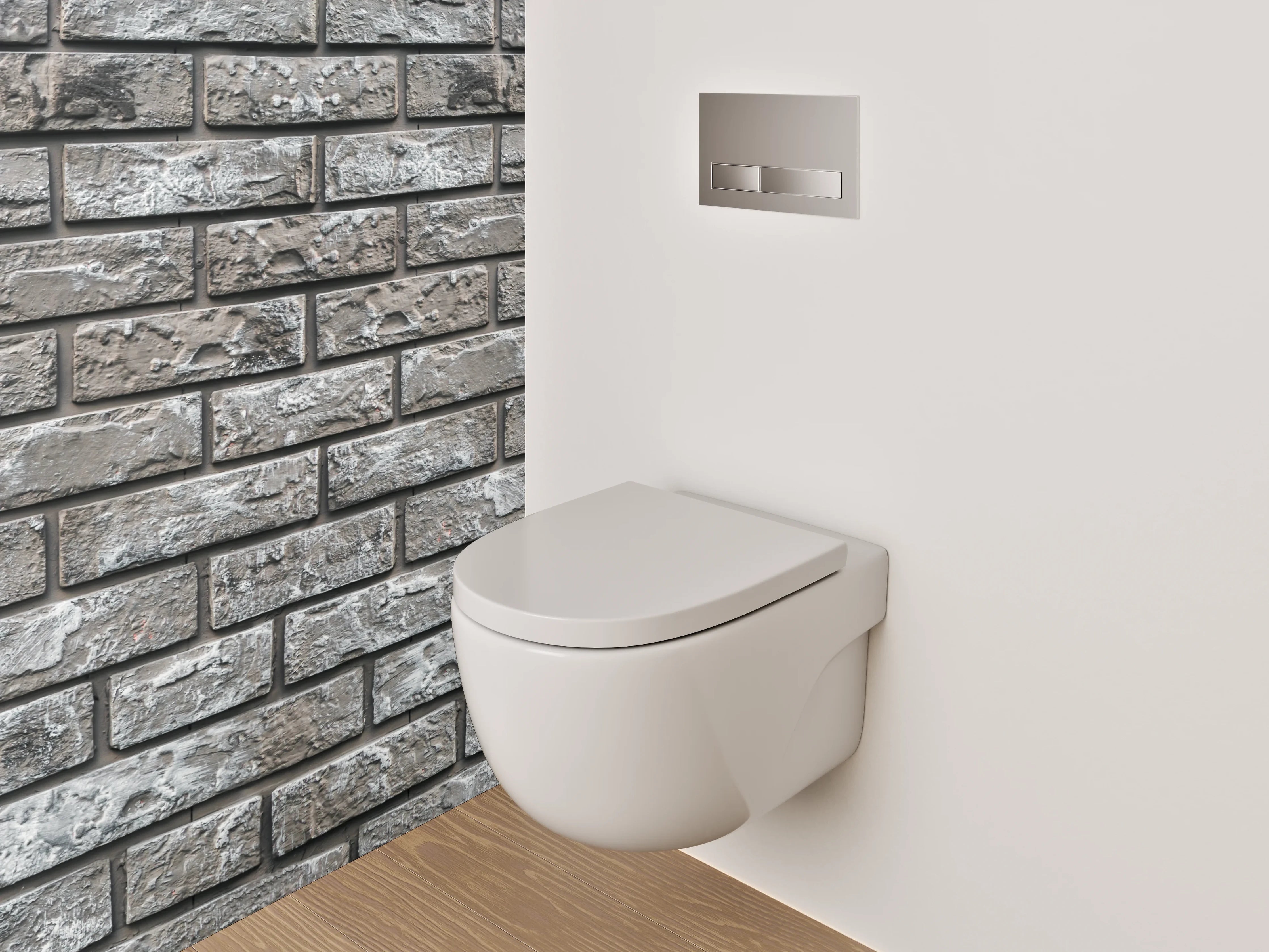 WC-Rückwand - Graue Backsteinwand modern verputzt