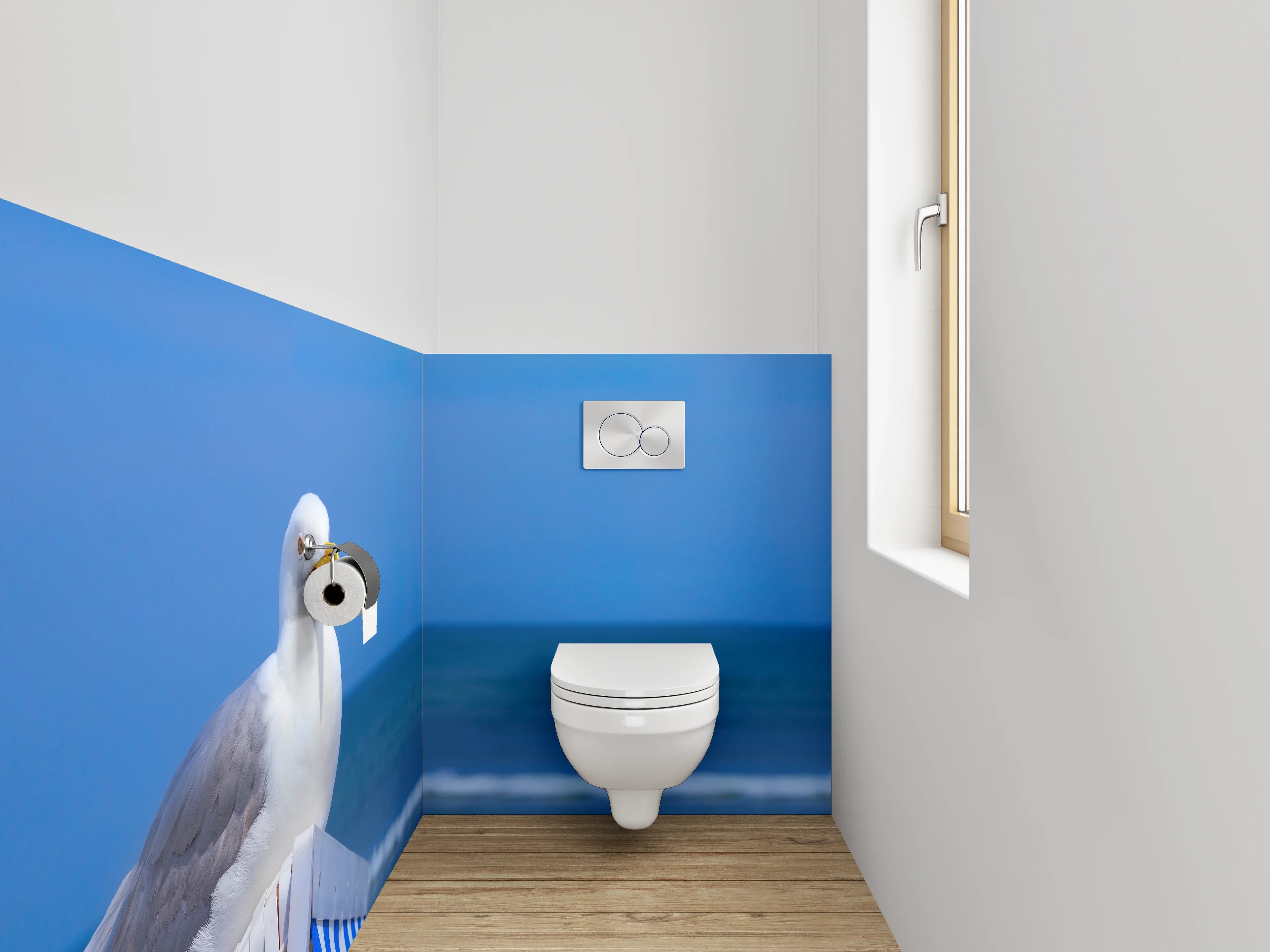 WC-Rückwand - Graue Federn auf Korb am Küstenrand