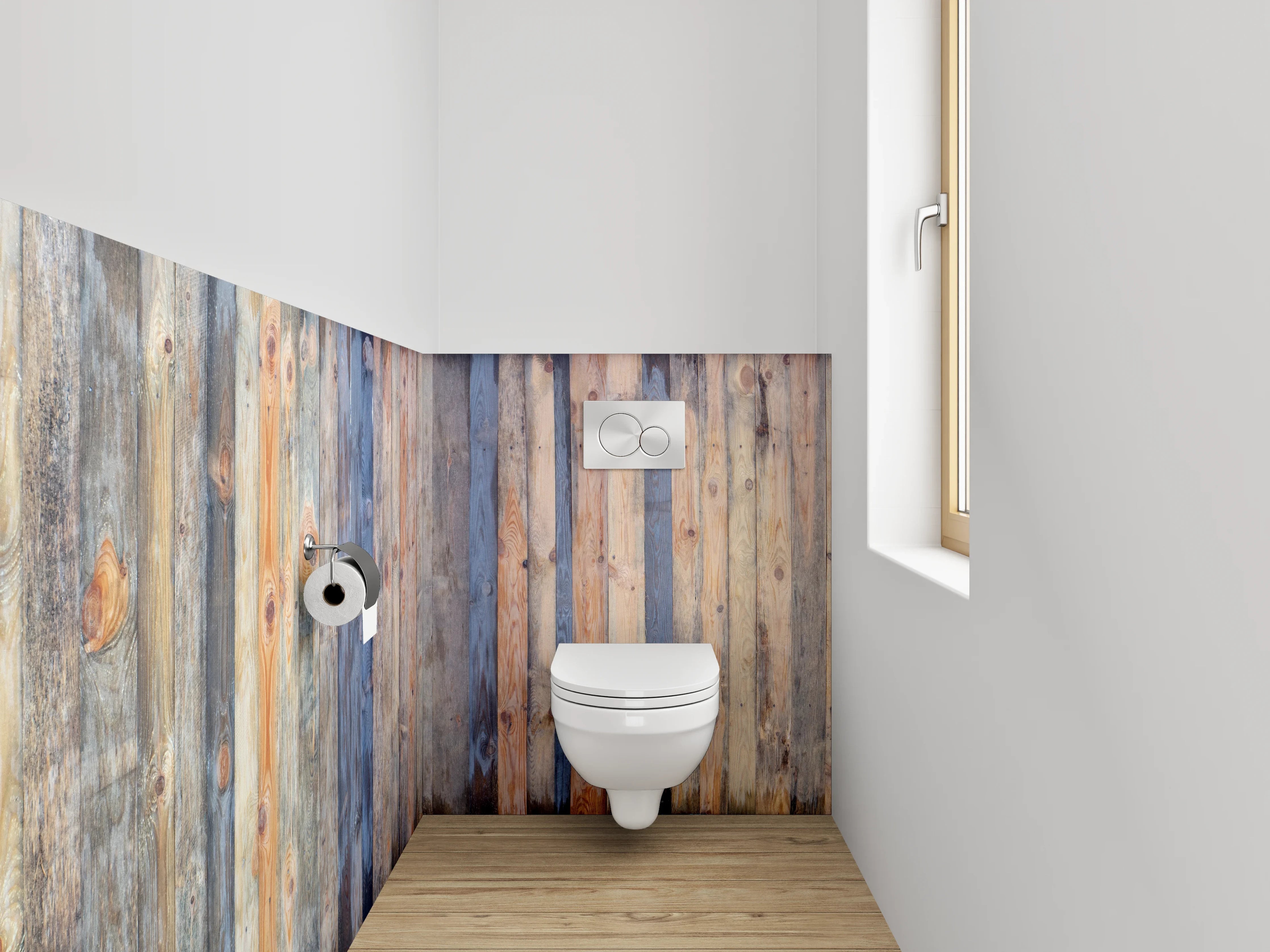 WC-Rückwand - Graue Holzlatten Wanddekor Weißakzente