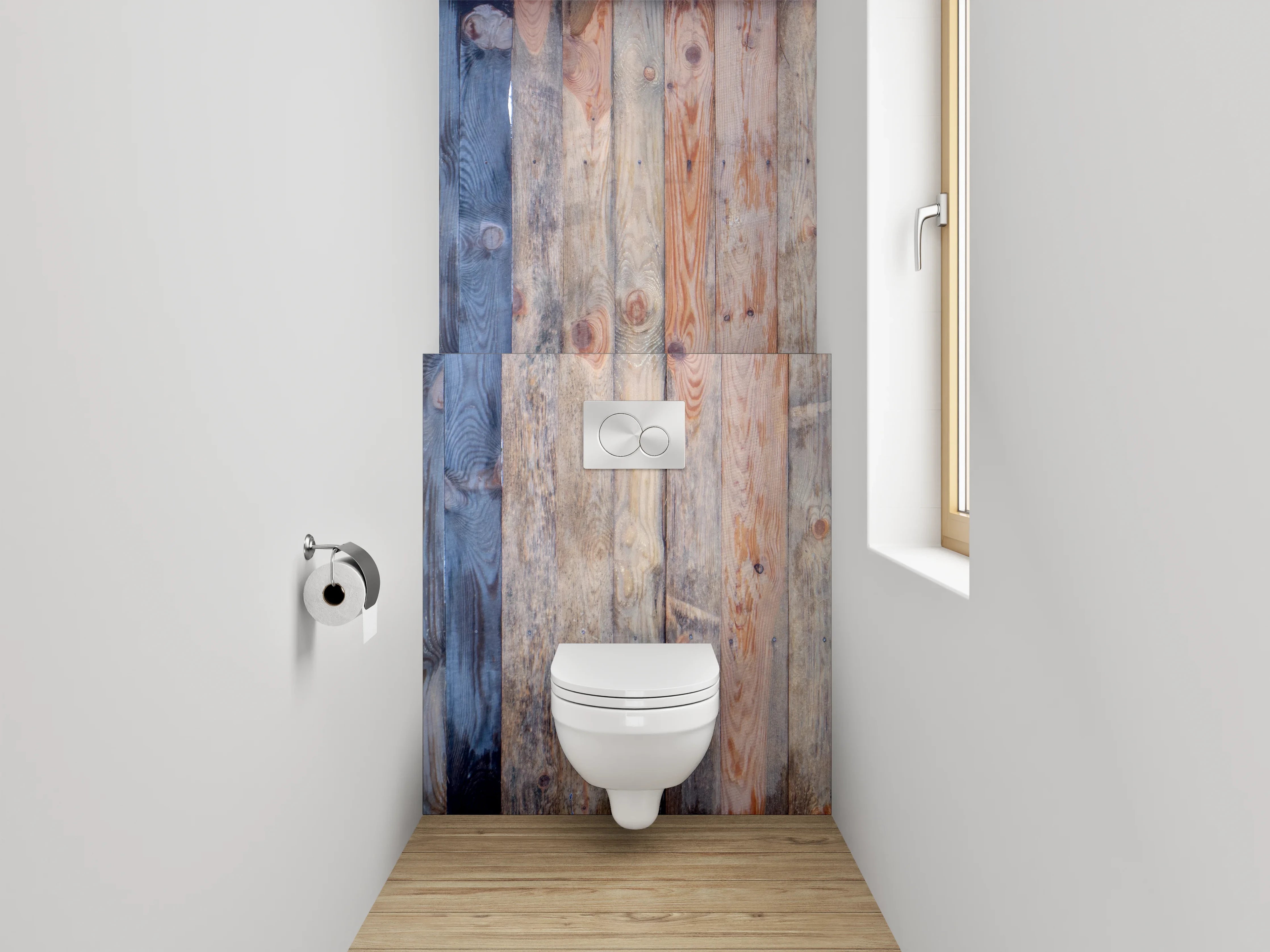 WC-Rückwand - Graue Holzlatten Wanddekor Weißakzente