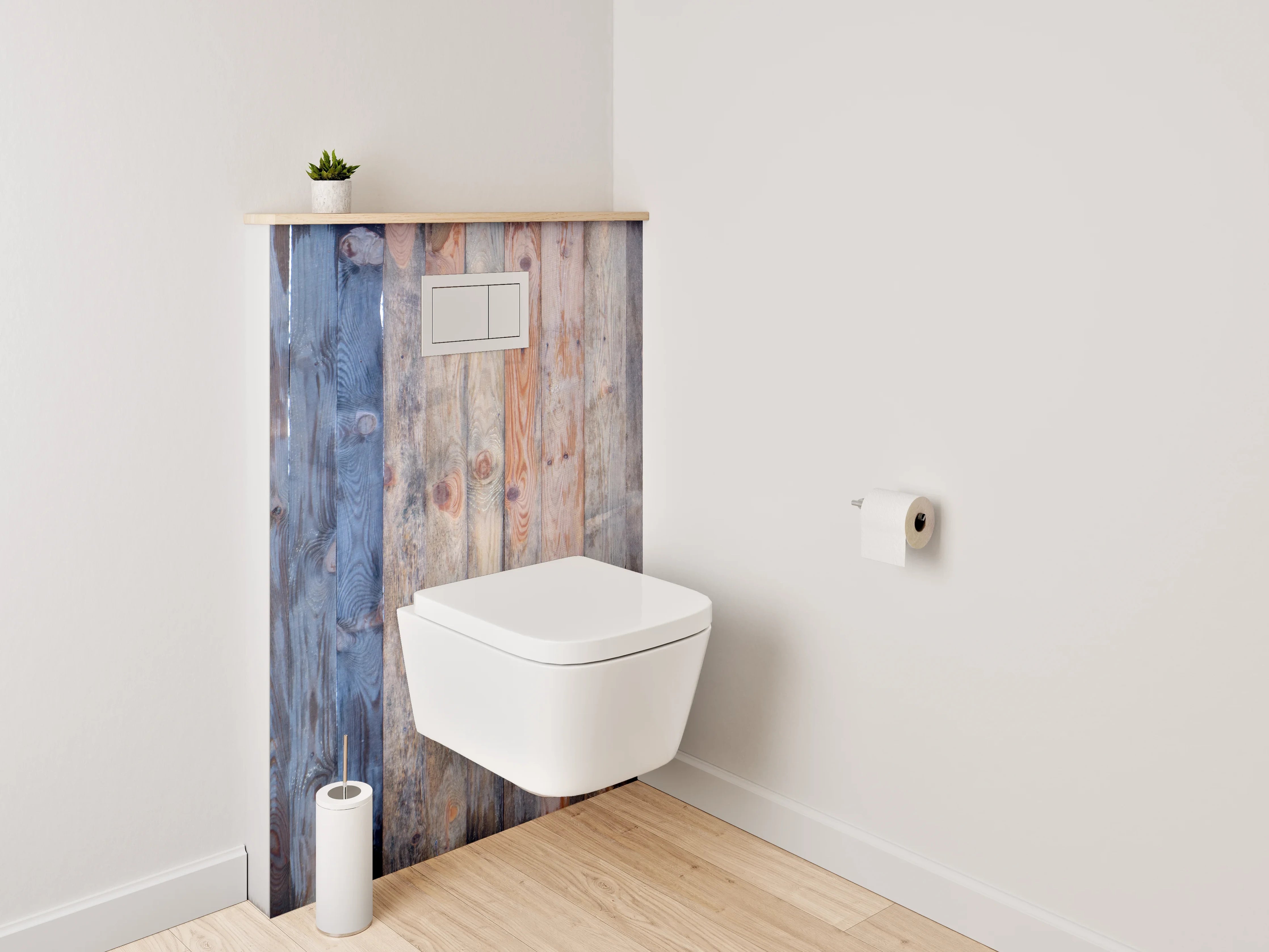 WC-Rückwand - Graue Holzlatten Wanddekor Weißakzente