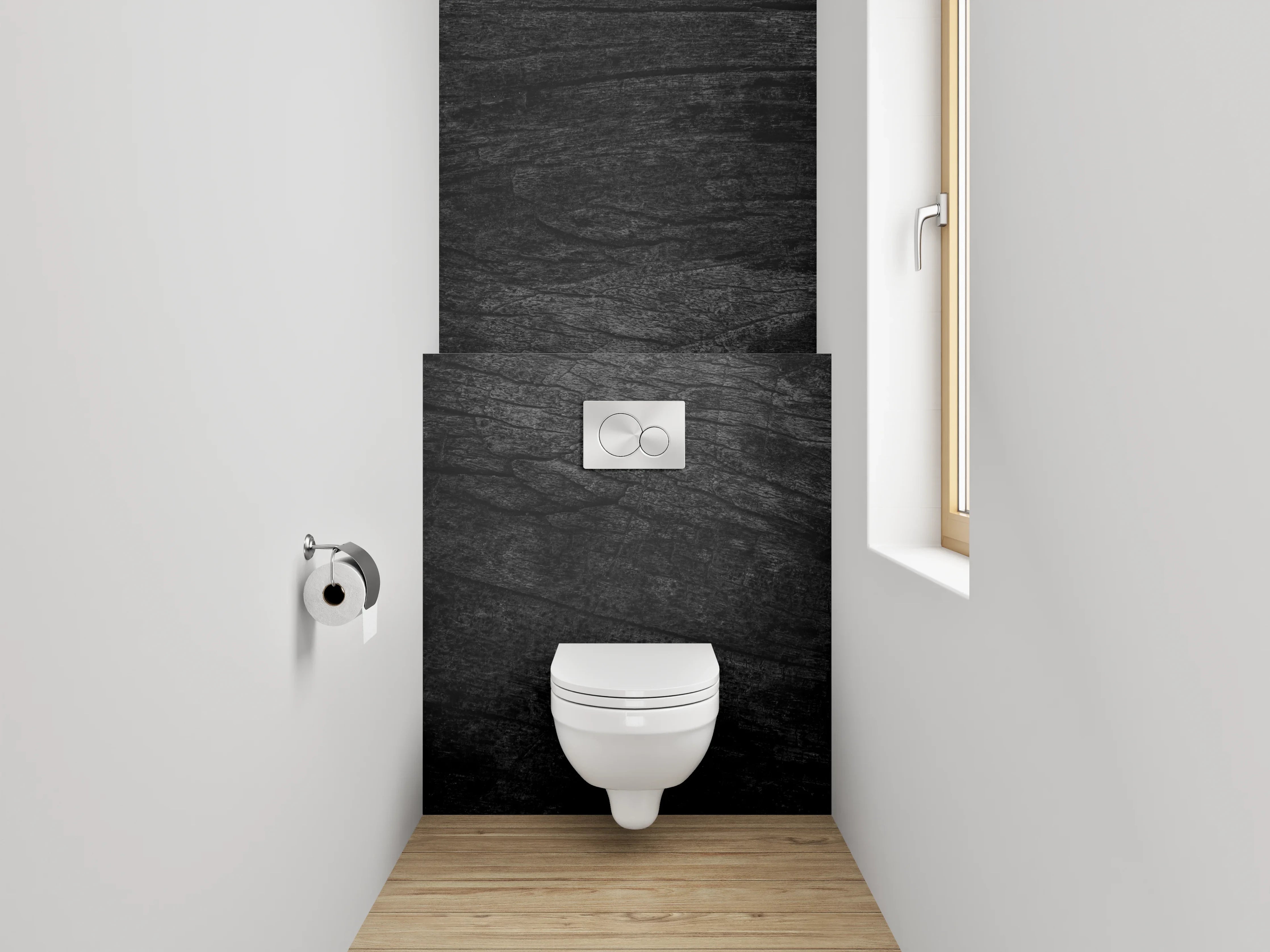 WC-Rückwand - Graue Holzmaserung im weißen Licht