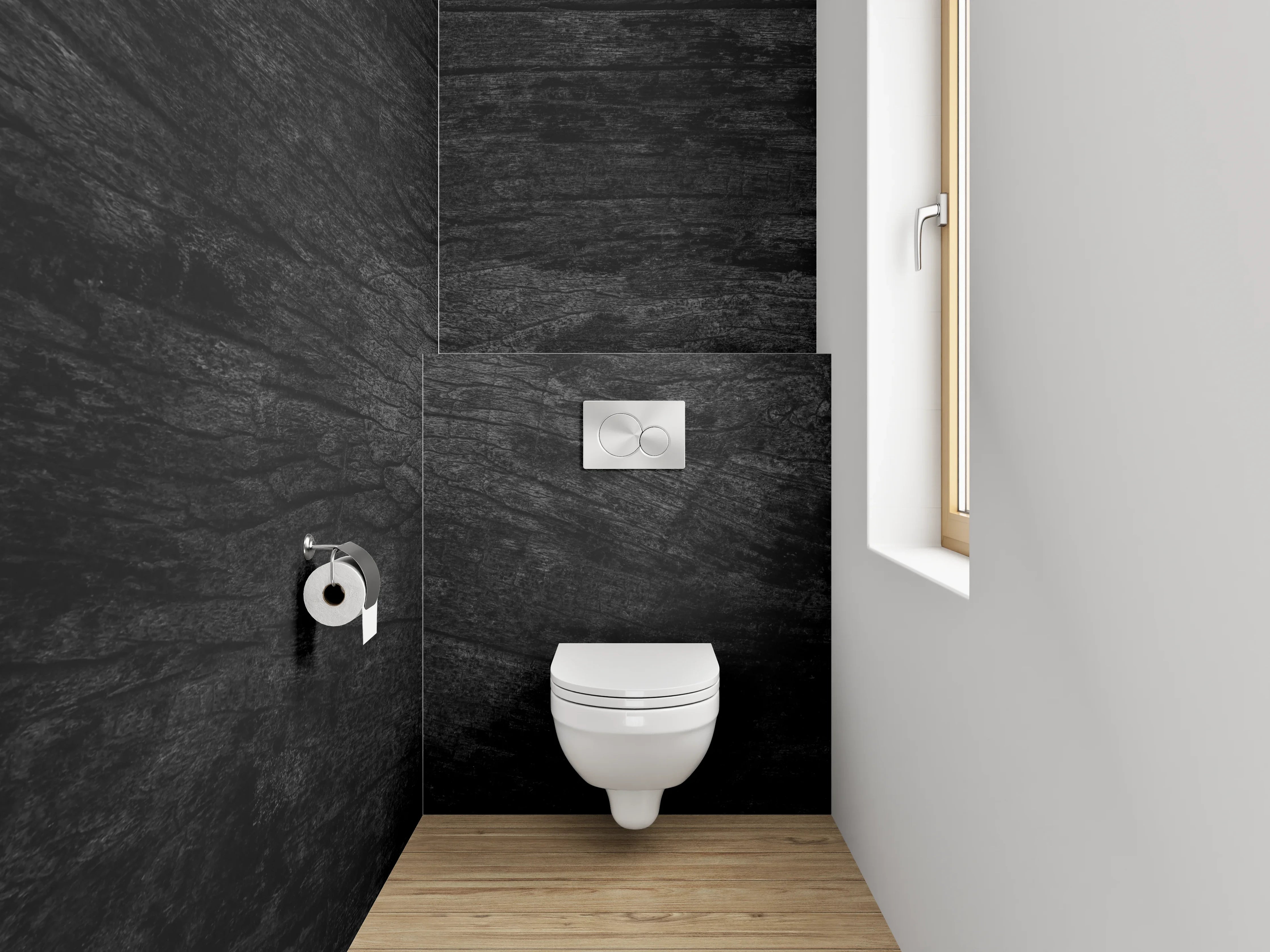 WC-Rückwand - Graue Holzmaserung im weißen Licht