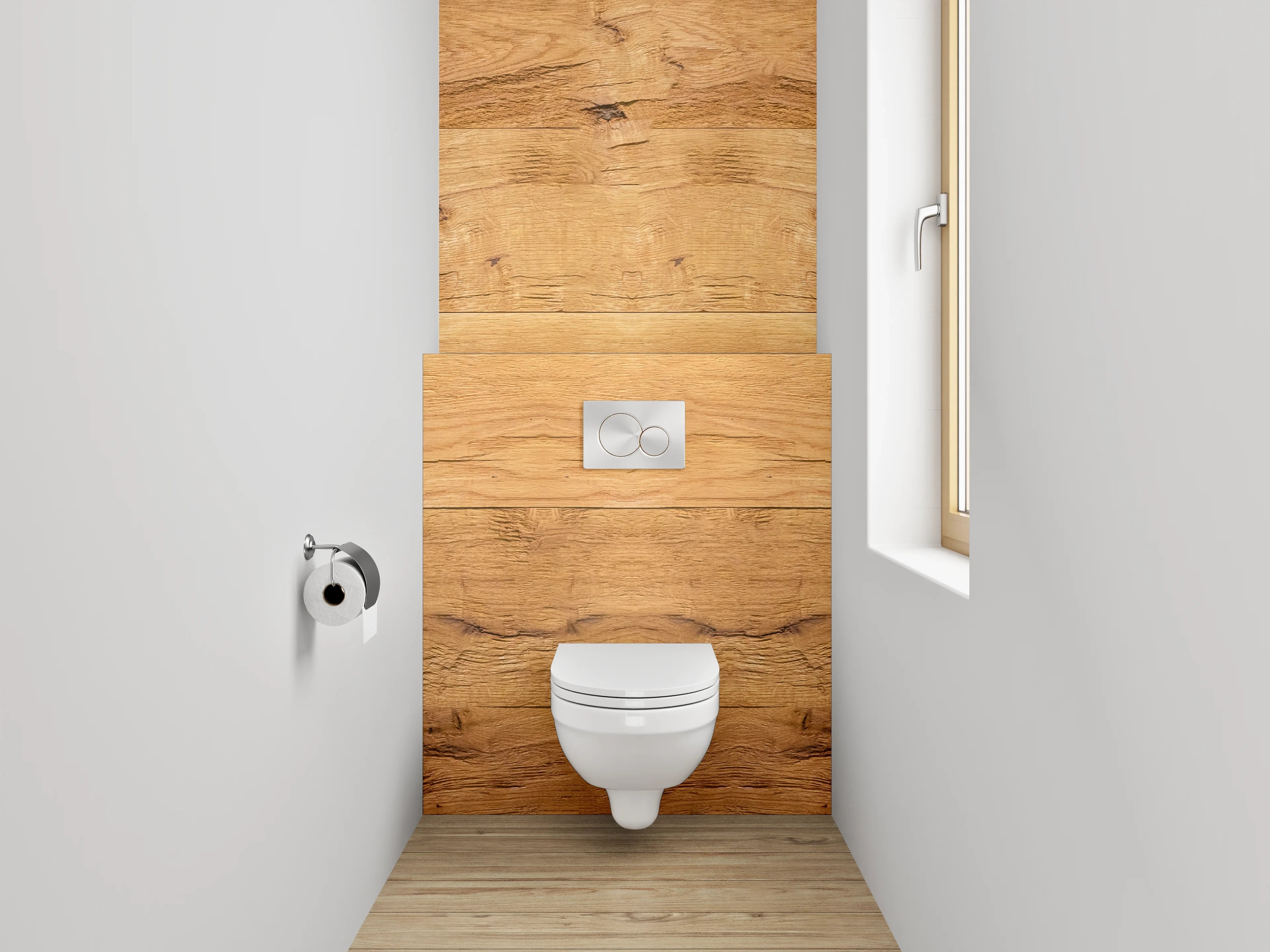 WC-Rückwand - Graue Holzmaserung in Weiß