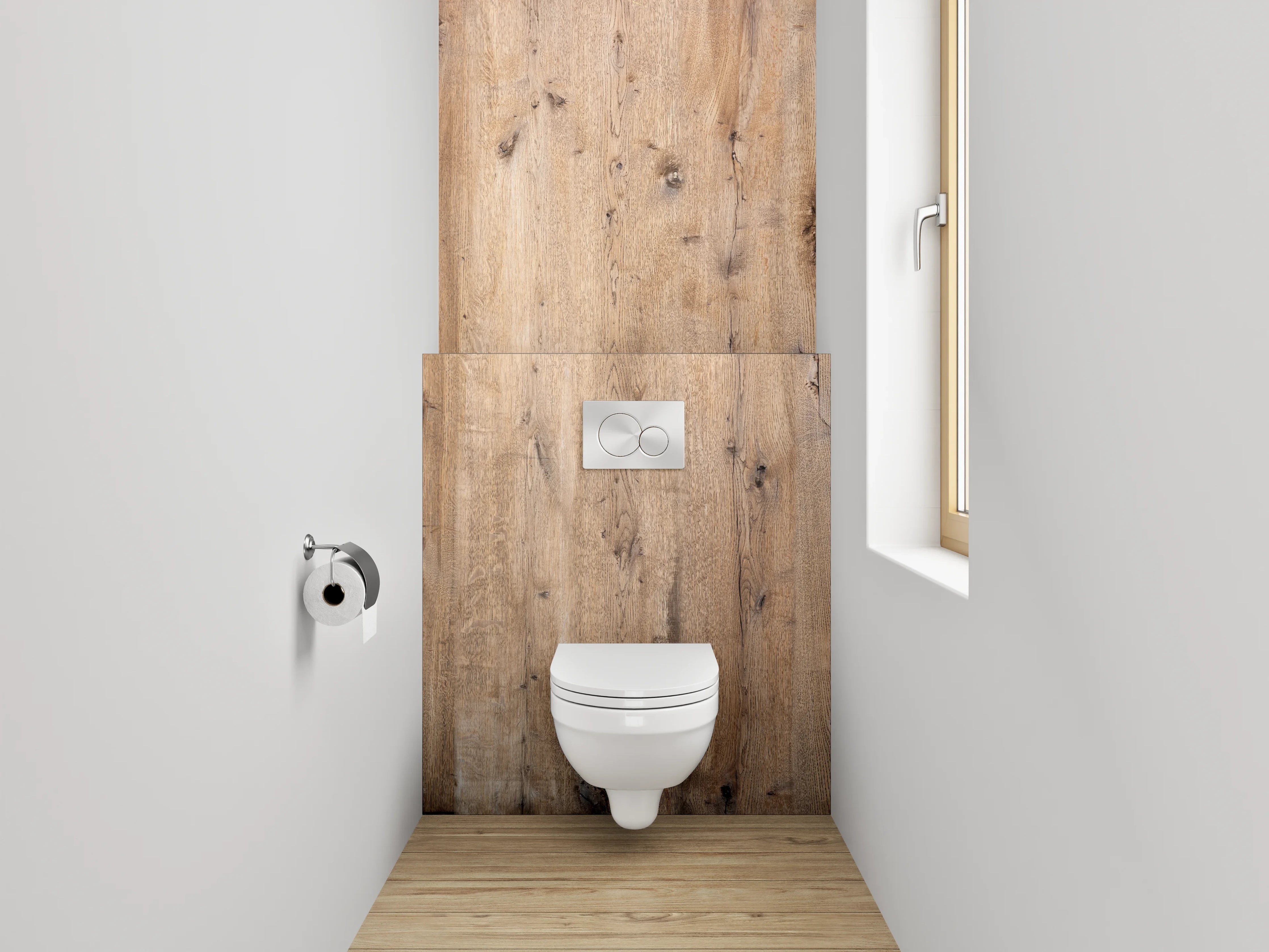 WC-Rückwand - Graue Holzoptik Eleganz