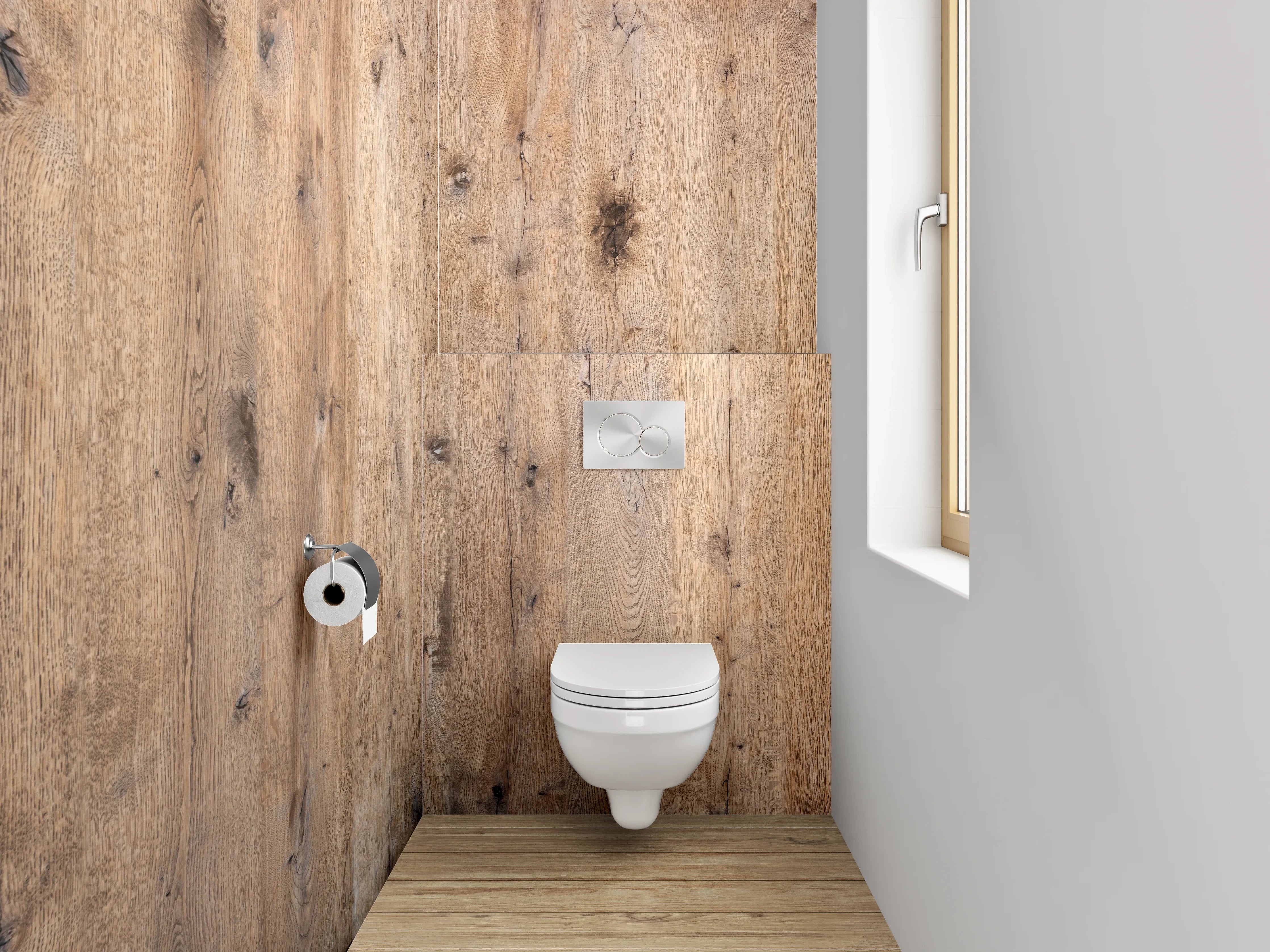 WC-Rückwand - Graue Holzoptik Eleganz