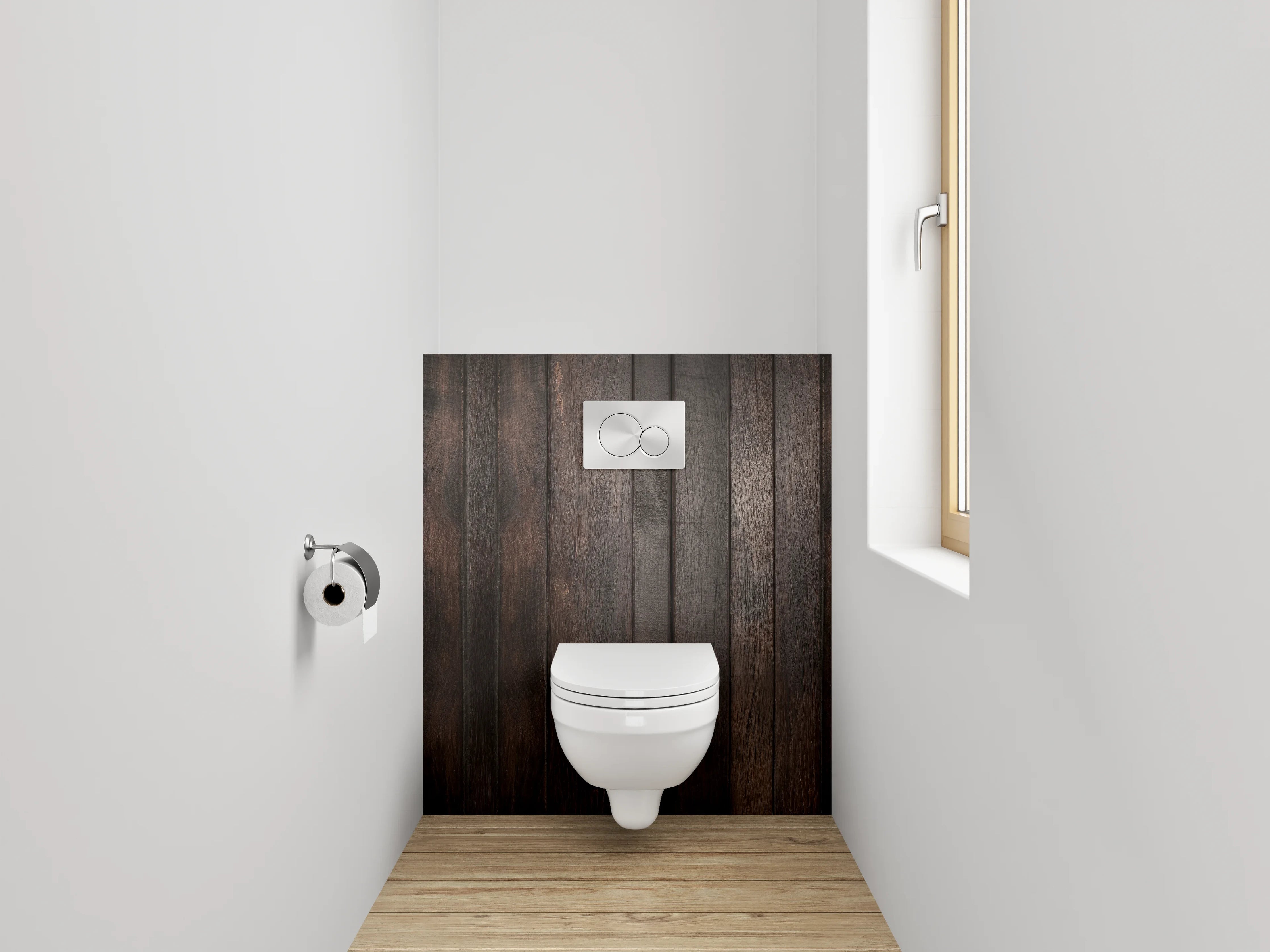 WC-Rückwand - Graue Holzvertäfelung im Weißlicht